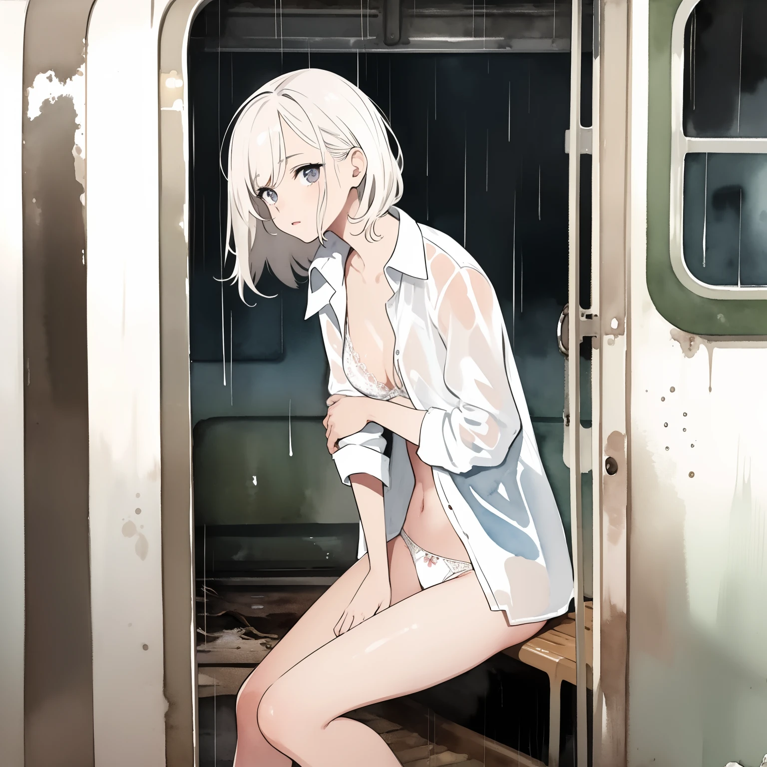 (masterpiece, best quality), 1girl, petite, wet hair, white panties, white bra, open shirt, sitting inside abandoned train, rain, dark, best shadows, watercolor