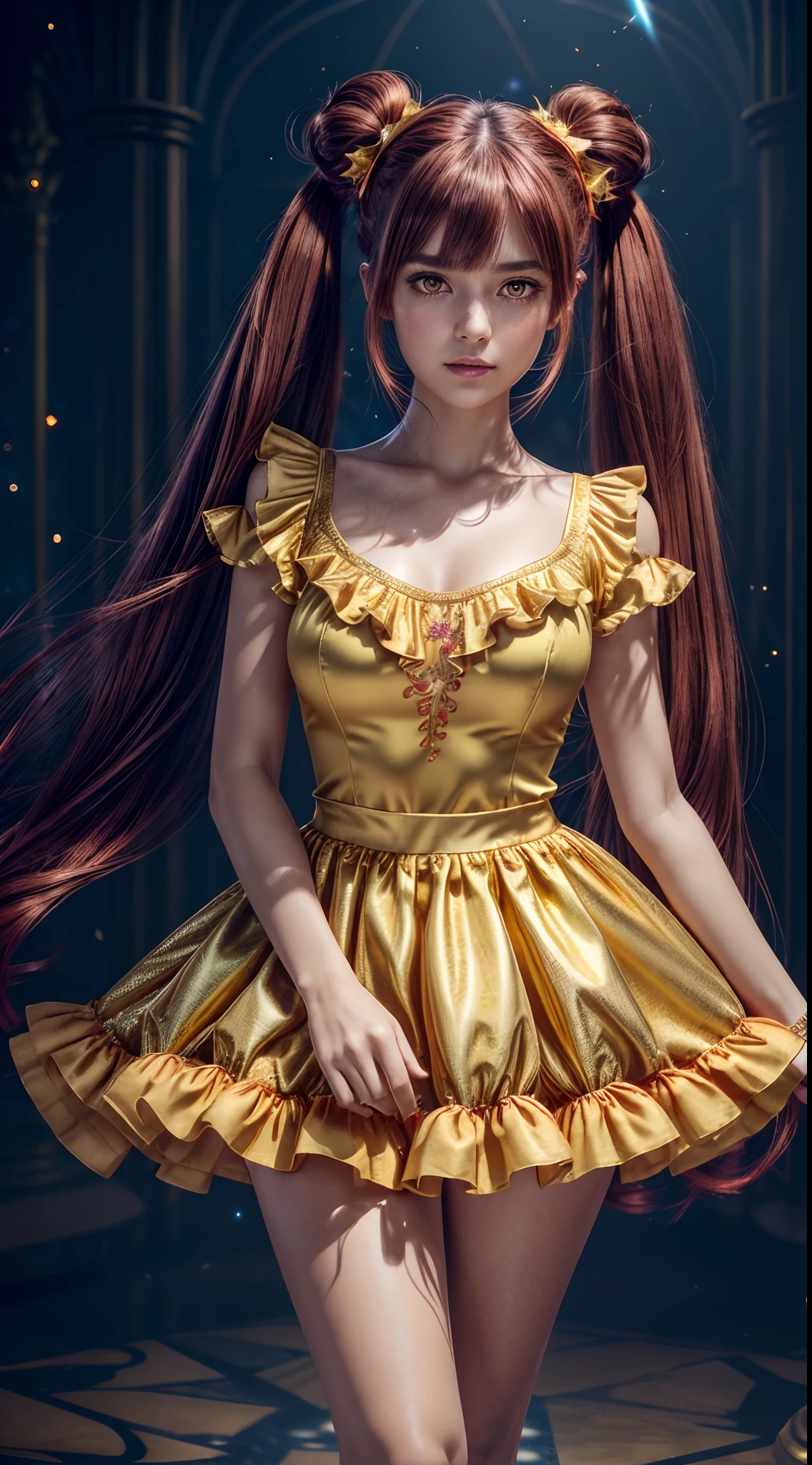 (fullbody, legs and shoes visible: 1.2)) expressive eyes, woman, pale skin, long hair, windblown hair, ((long hair)), long sidelocks, hime bangs, hair fringe, hair bun, ((long twintails)), lush hair, red hair, blushing, full face blushing, big sparkling glowing yellow eyes, (gradient eyes), open mouth smile, cute pose,
flowy flaming dress, ((gold multicolored open dress)), (mist), orange ruffles, yellow frills, (light red lace), detached short sleeves, puffy skirt, ((fire and stars print skirt : 1.3)), lolita skirt, dark red bows, ((pompon ribbons hair ornament : 1.4)), multiple bows, striped lace stockings, (heart shaped leg garter), cute (dark orange) shoes ((hyperdetailed clothing and fashion)) looking at you, vintage girl, blushing, (beautiful detailed eyes), (extremely detailed CG unity 8k wallpaper) (best shadow), ((an extremely delicate and beautiful)), (detailed light), ((depth of field)) big head, big sparkling eyes, moe, splash art, cinematic lighting, frontal view, volumetric lighting maximalist photo illustration 64k resolution high res intricately detailed complex key visual precise linear 
((in the dark palace background, surrounded by expensive decor, shooting stars)) ((hyperdetailed scenery, foggy, darkness : 1.3))