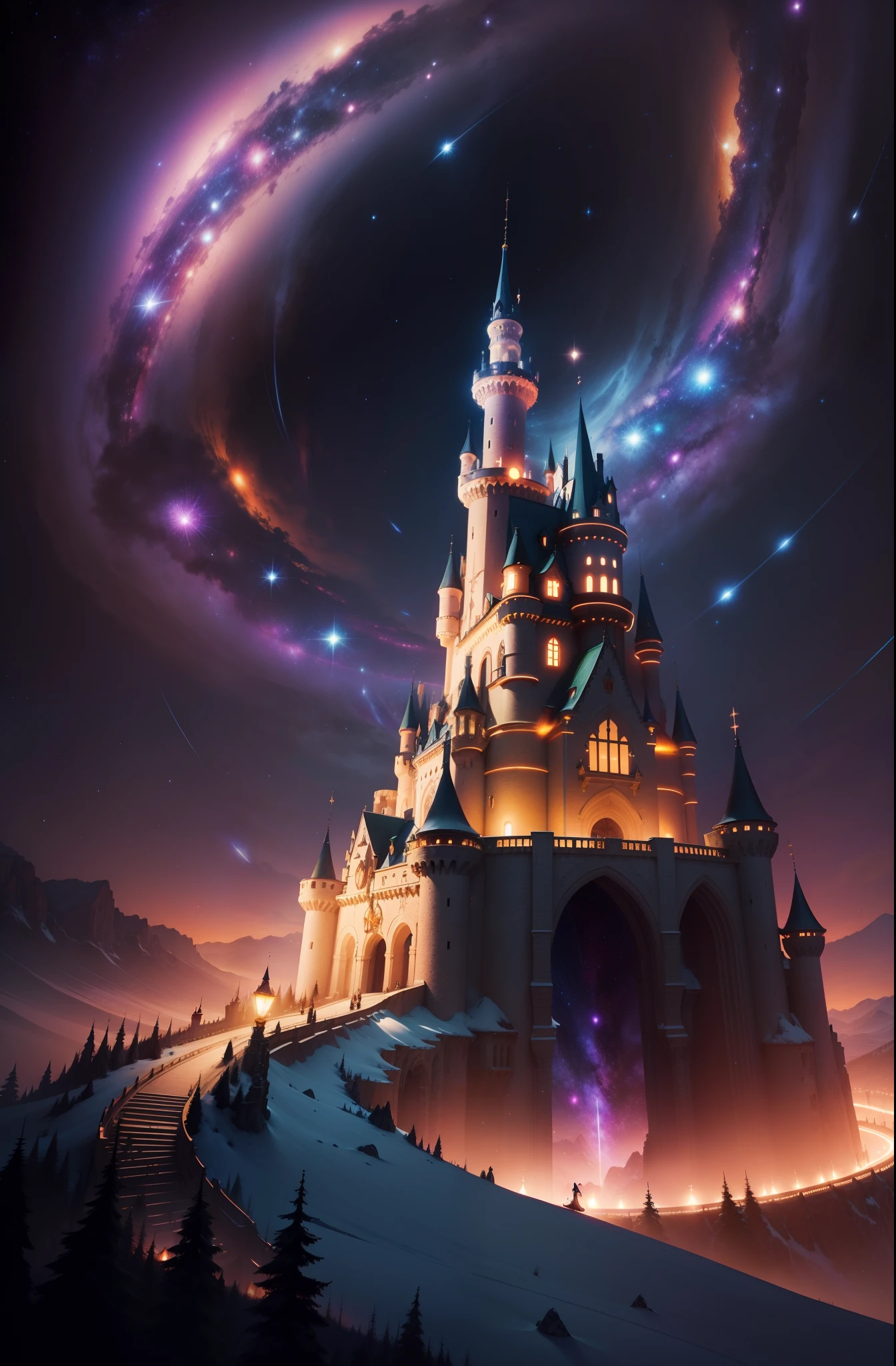 Endless winding trajectory, illuminated by spiral galaxies of stars, bright colours, Fairytale castle in the distance, Mystic, Arcana, enchanted, Three-point perspective