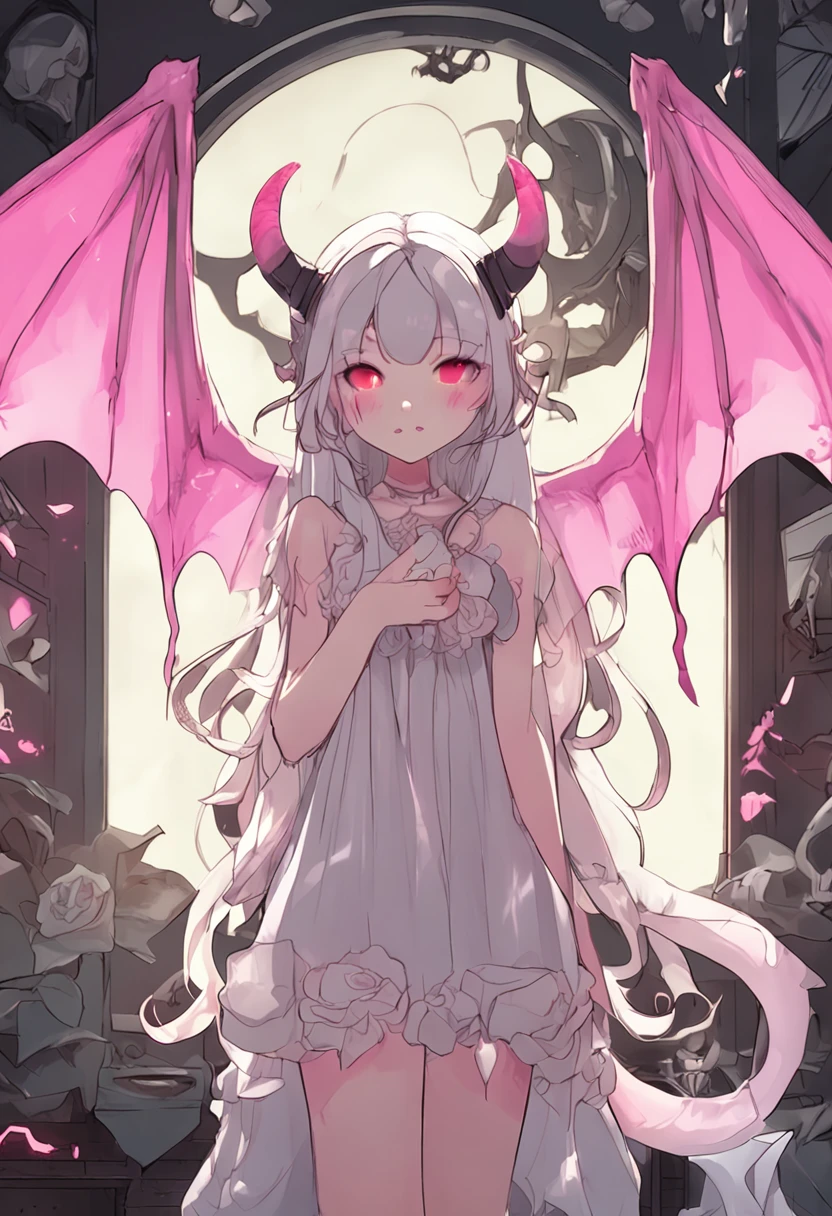beautiful illustration, best quality, cute girl, bedroom, pastel color, succubus, demon wings, demon horns, demon tail, petite, silver long hair, stuffed toy, bright lighting, light pink eyes
