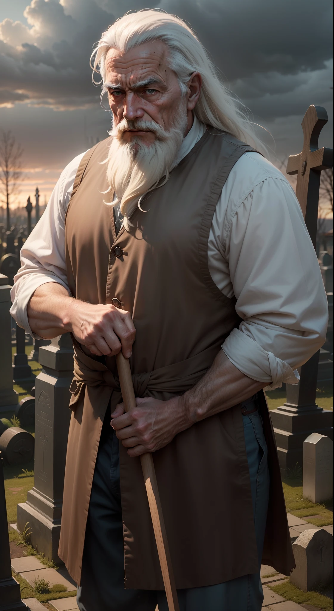Compose a poignant and hauntingly detailed image that captures the essence of an old man laboring amidst the fading light, echoing the rich artistry of (1) oil paintings. Envision this scene as if brushed by the hand of a master artist, drawing from the style of (6) Caspar David Friedrich, to imbue it with a sense of profound contemplation and depth. This masterpiece will be an (1) extremely detailed portrayal, resonating with emotional weight.
The old man's weathered appearance narrates a lifetime of stories etched into his features. With an age of approximately 70, his once vibrant hair has mellowed into a silvery hue, gracing his shoulders in wavy tendrils that catch the dim light. His eyes, a deep and searching brown, are set beneath heavy brows that have borne witness to years of experiences.
Draped in the attire of the 1600s, his clothing bears the marks of time. A worn waistcoat in deep shades of brown overlays a similarly aged white shirt, a tapestry of memories adorning his form. His stance is one of determined purpose, his brows knit with the weight of the task before him, and his lips pressed into a line of quiet acceptance.
The backdrop of a graveyard at dusk lends a haunting atmosphere, illuminated by a (4) cloudy sky that transitions from soft pinks to deep purples. A veil of fog drifts among the gravestones, adding an ethereal quality to the surroundings. The gravestones, weathered and timeworn, stand as silent sentinels that have borne witness to countless stories.
Instruct the man's pose meticulously (5), guiding the viewer's gaze from his furrowed brow to his calloused hands. The shovel he holds, gripped with purpose, digs into the earth with determined persistence. His back is slightly hunched, a testament to the physical effort he exerts as he labors. His expression is a mixture of solemnity and quiet reflection, mirroring the weight of the moment.