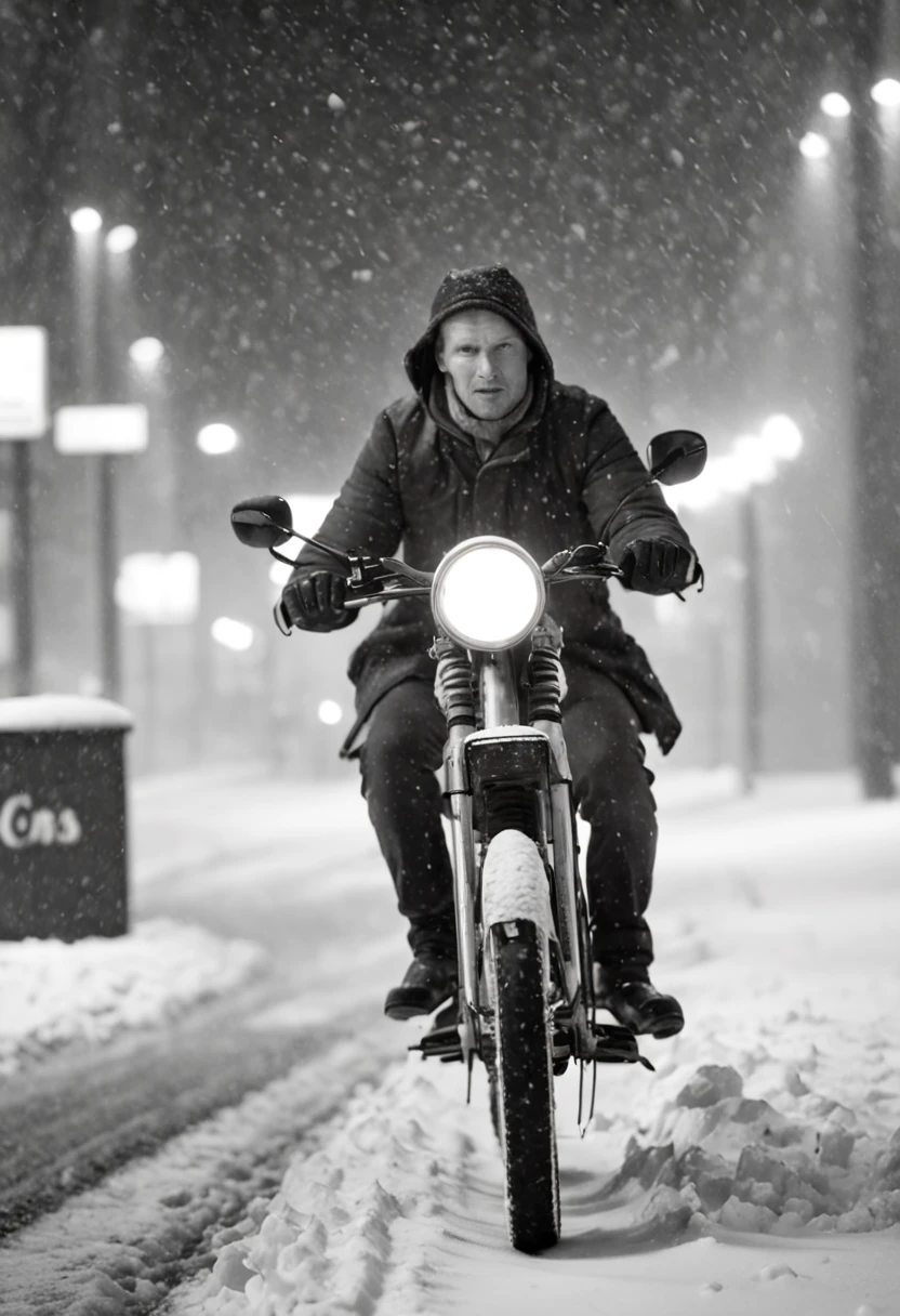 a person riding a bike down a snow covered street, a black and white photo, by Jean Crotti, featured on cg society, art photography, bus station, busy night, syndicate(2012), snowing, tram, stunningly ominous, storm weather, man walking, taken with a canon eos 5 d, nordic summer, an epic love affair with doubt,captured by Sony Alpha a7 Illcamera with Sony FE 24-105mm f/4 G OSS lens*