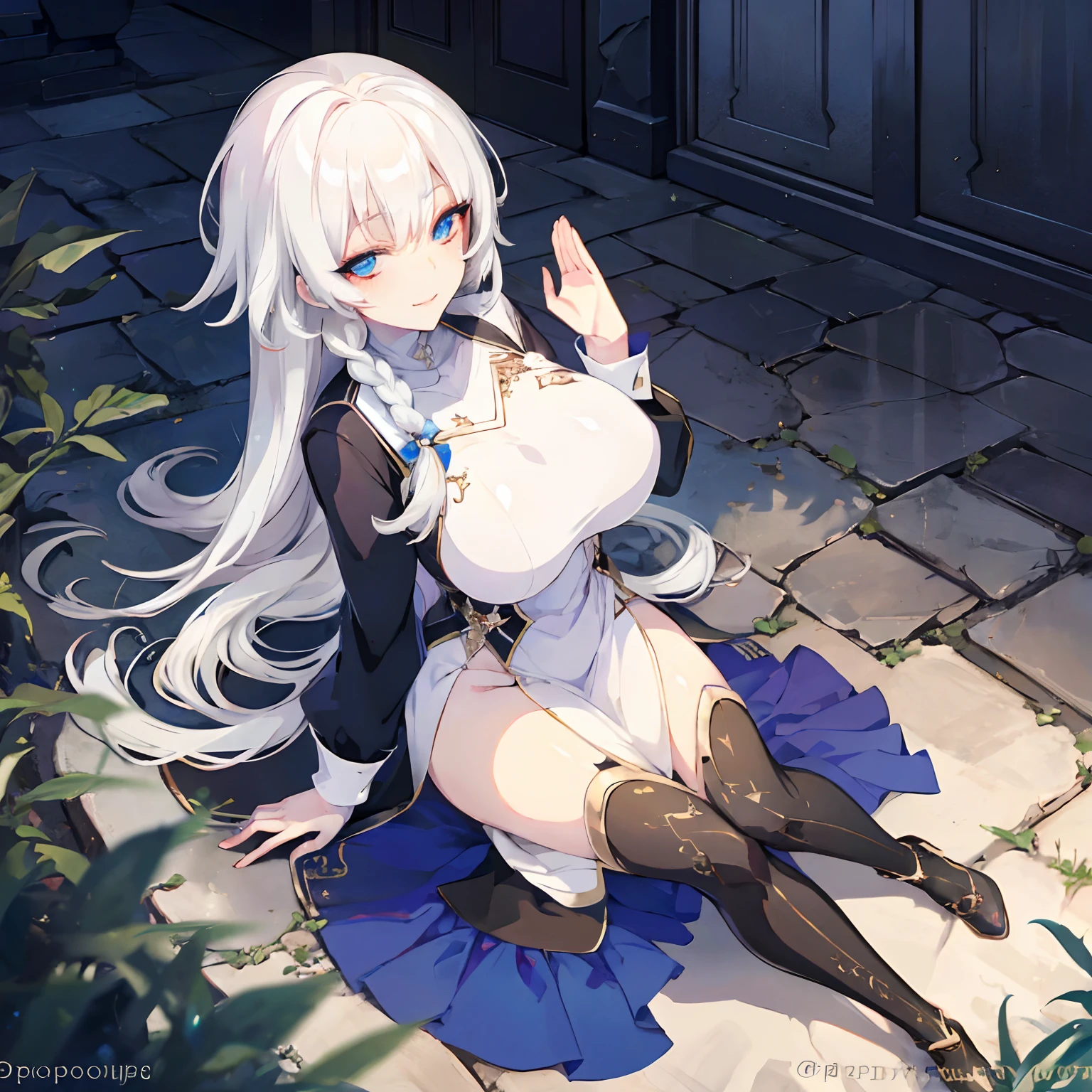 (full body), seductive look, blush, outdoors, looking at viewer, moody lighting, (perfect detail eyes:1.2, glowing eyes, shiny skin, white hair, blue eyes, smile, long hair one braid:1.2), (huge breasts), (Masterpiece, Best Quality, High Quality:1.4), professional artwork, Intricate Details, field of view, sharp focus, black socks, (nun), (hands in prayer)