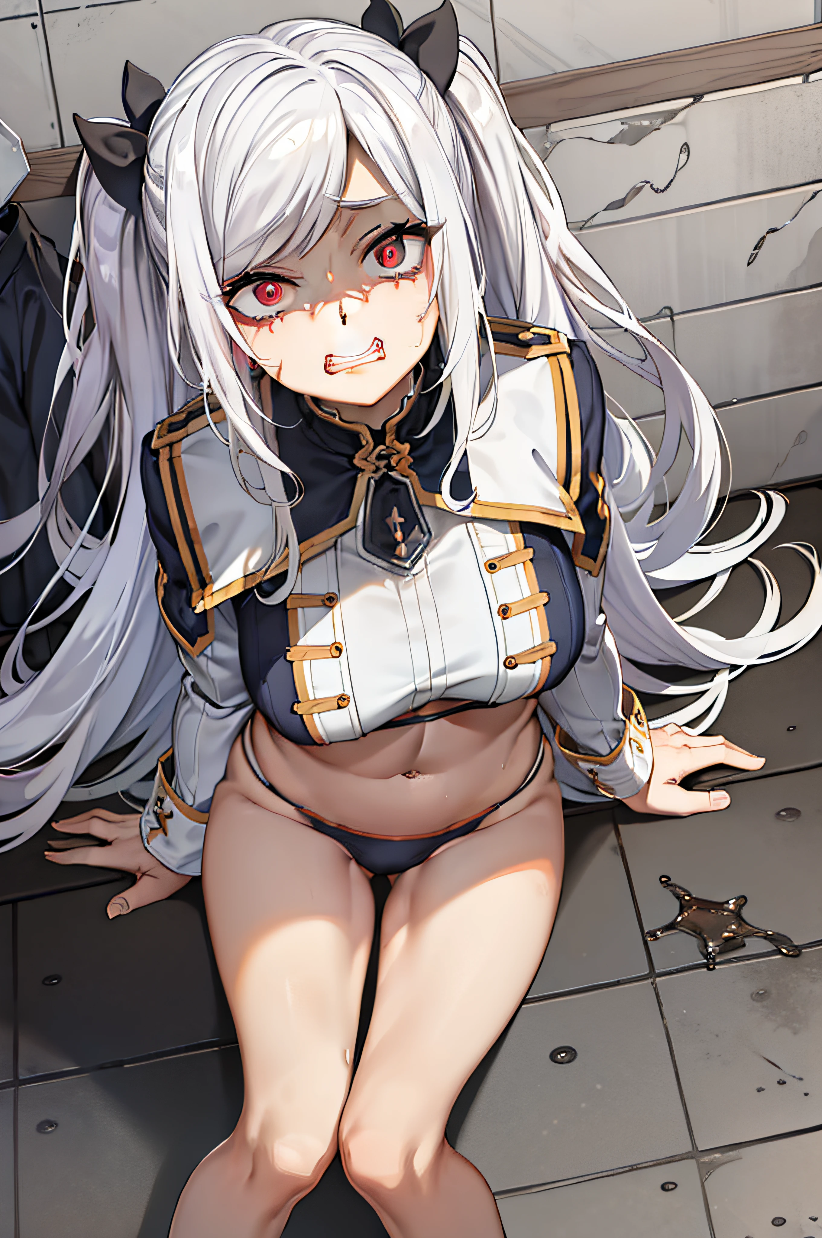 clenched teeth,scarred,swimsuit,intimidated,sitting on the flor,looking up,looking at viewer,panic,changing room,white tiles,white hair,red eyes