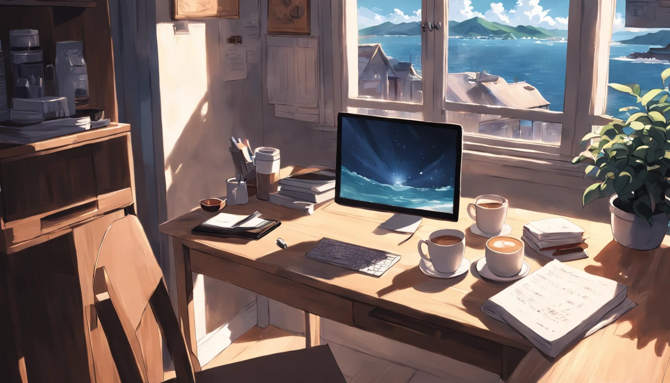 view from the window, sunny day, study environment, coffee cup, notebook, mac book, focus on the coffee cup, slightly blurred background, environment integrated with the kitchen