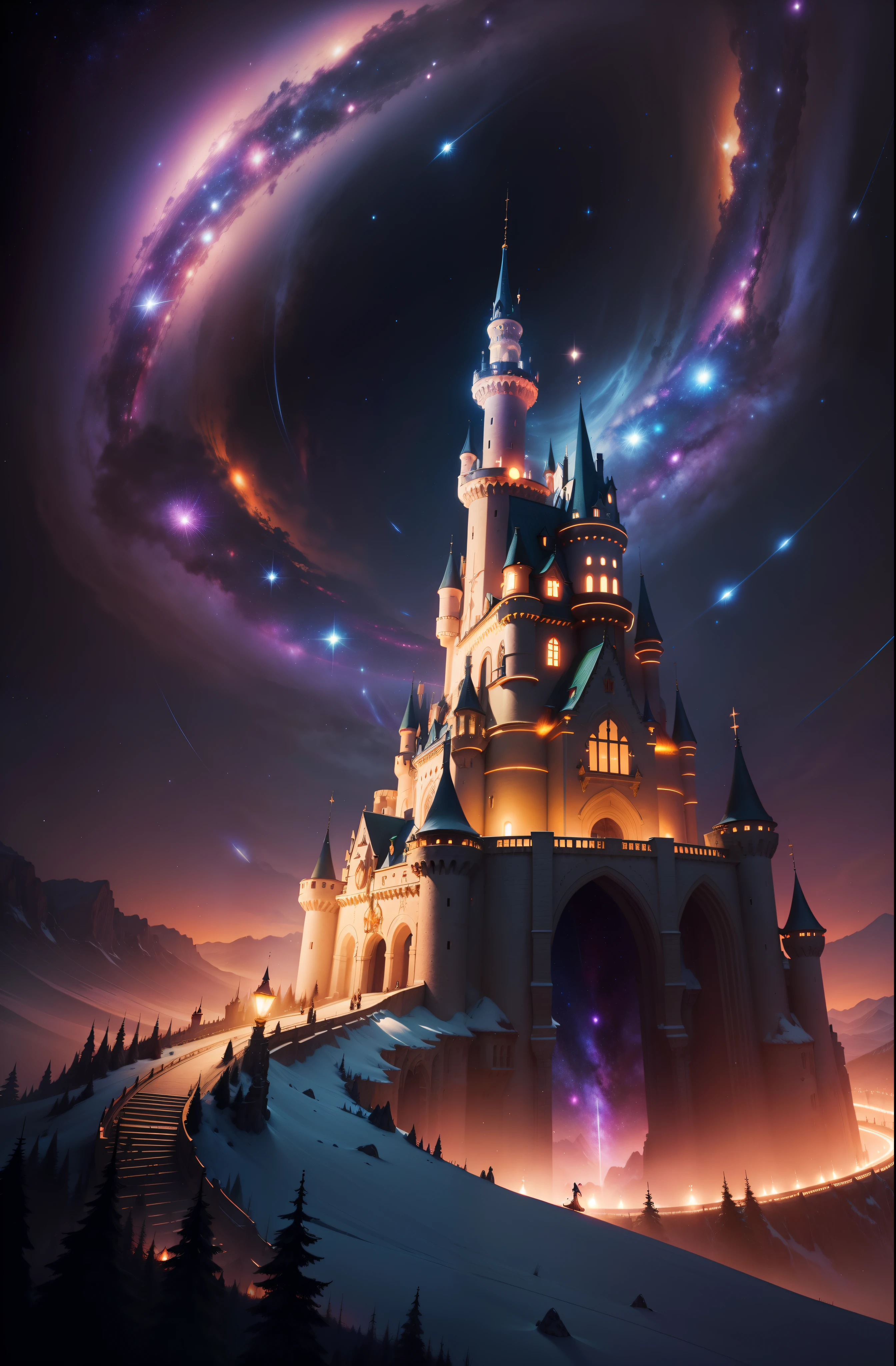 Endless winding trajectory, illuminated by spiral galaxies of stars, bright colours, Fairytale castle in the distance, Mystic, Arcana, enchanted, Three-point perspective