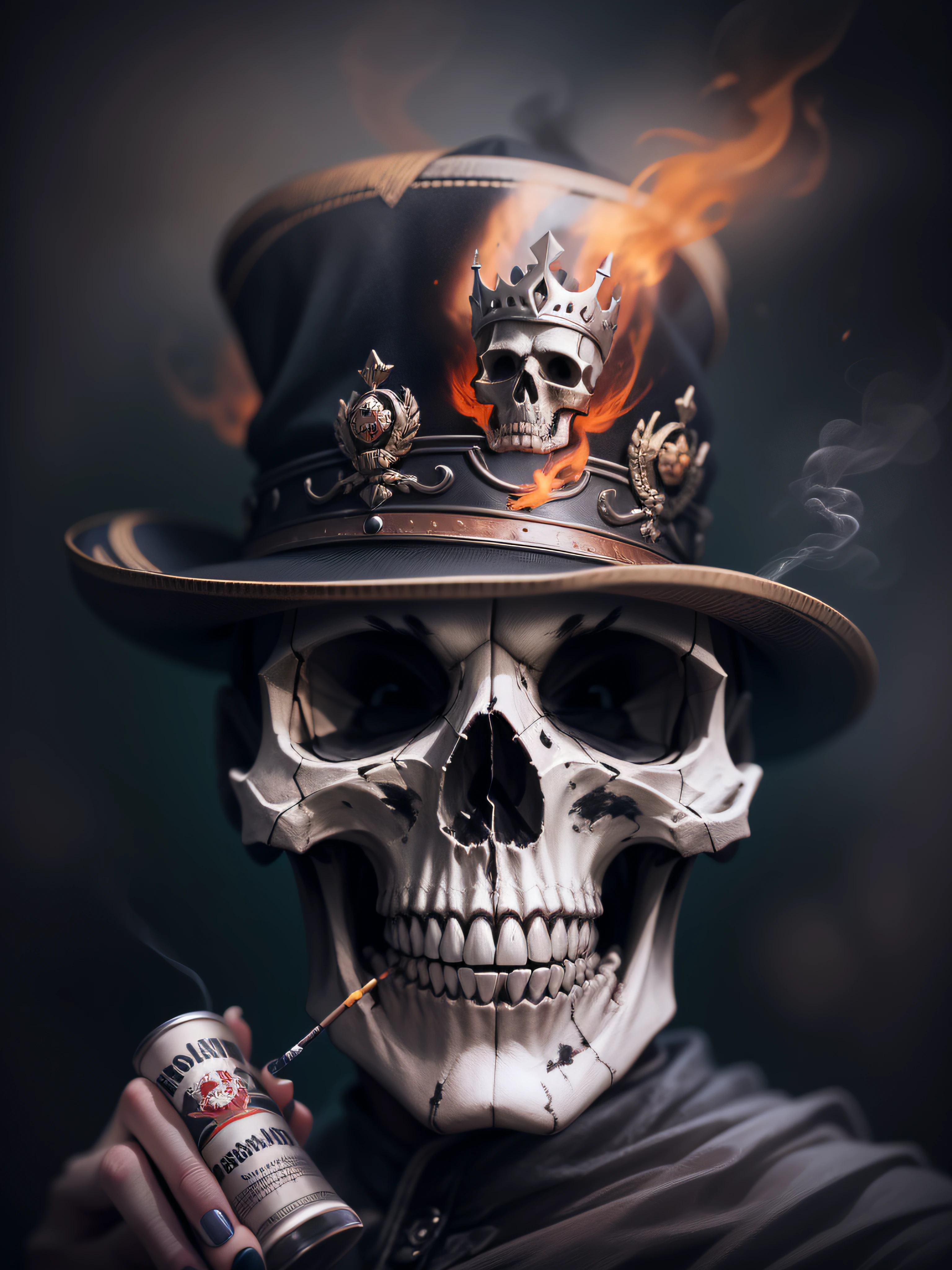 a skull with a hat and a cigarette in its mouth, digital art by Tom Wänerstrand, trend in cg society, gothic art, um esqueleto fumando um charuto, esqueletos fumando charutos, O Rei da Morte, with a crown of skulls, olhar, 8 k altamente detalhado ❤🔥 🔥 💀 🤖 🚀, portrait skull clown, skull clown, ((skull)), The painting is more elegant, Logo, Skull Image Vector, dice player, Dark-style image, Painted image in artistic style, Image with white background, Black and white tinted image, 16k, The painting is more elegant