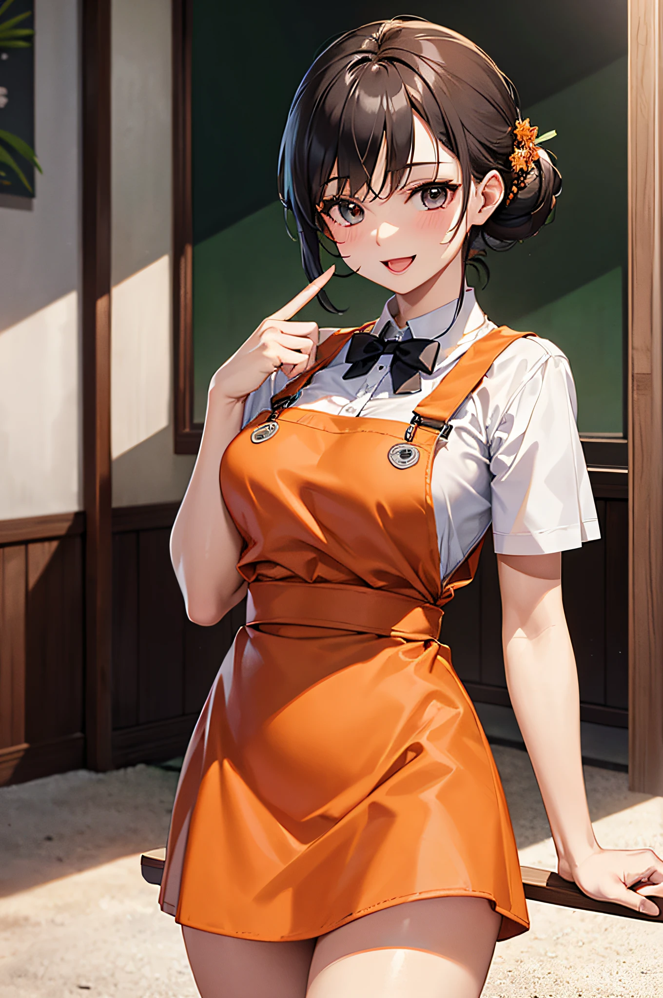 (Best quality, 8k, 32k, Masterpiece, UHD:1.2), (realistic:1.5), (masterpiece, Extremely detailed CG unity 8k wallpaper, best quality, highres:1.2), (ultra detailed, UHD:1.2), (cowboy shot:1.3), (anime, animestyle illustration:1.3),
BREAK,
(1girl:1.3, solo), (waitress:1.3), single Chignon hair style, mahogany hair, attractive look, (Korean actress face:1.3), (Japanese idol face:1.3), pretty face, cute,
BREAK,
(orange Family Restaurant Uniforms:1.2), (orange suspender skirt:1.4),(orange apron:1.2), (double-breasted,underbust:1.2), (orange high-waist skirt:1.3), (apron over orange skirt:1.3), (white shirt:1.2), button gap,short sleeves, nametag,
BREAK
at restaurant, indoor, cinematic light, cute, happy, seductive smile, :d, ;p, attractive emotion,
BREAK, best ratio four finger and one thumb, perfect anatomy, perfect proportion,
