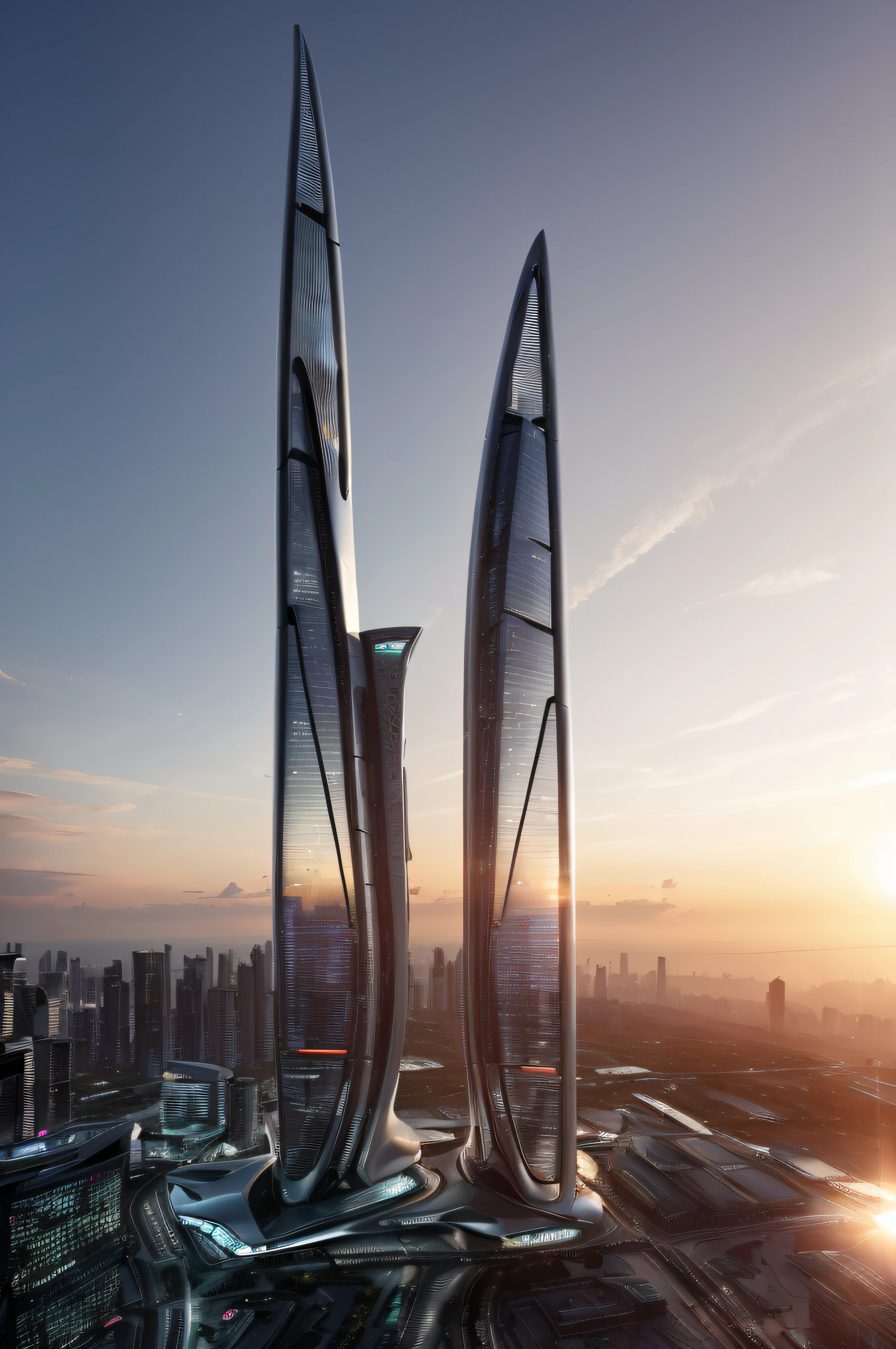 ((masterpiece, best quality)), 8k, modern skyscrappers, zaha hadid architecture style, photo realistic, hyper detailed photo, clean sky, futuristic city, cyberpunk, evening time, sunset