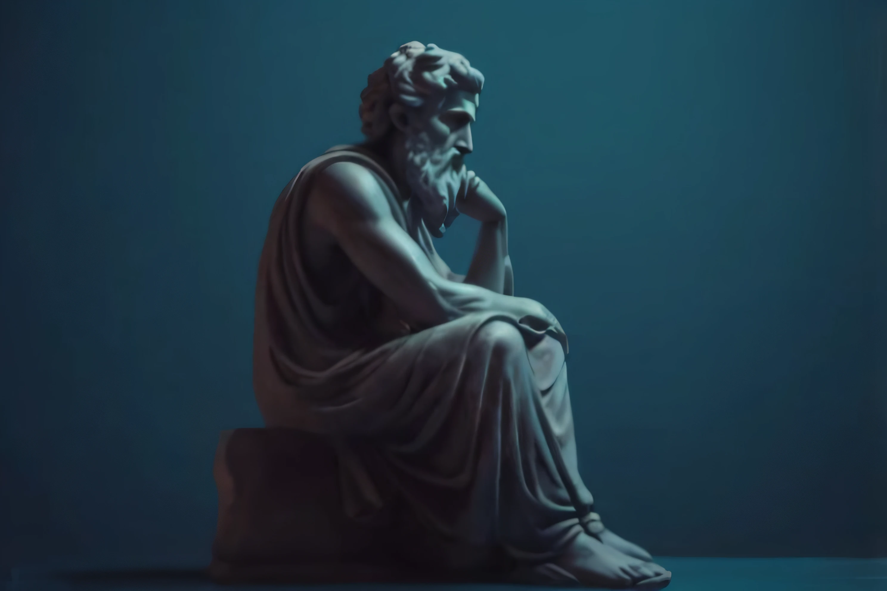 a statue of a man sitting on a rock with his hand on his chin with temple background, Estoicismo, philosopher, Pose estoica, an ancient greek statue, divino e estoico, inspired by Theophanes, o grego, classical statue, stoic, estoico and calm, Greek statue, a statue, theophanes, by Theophanes, o grego