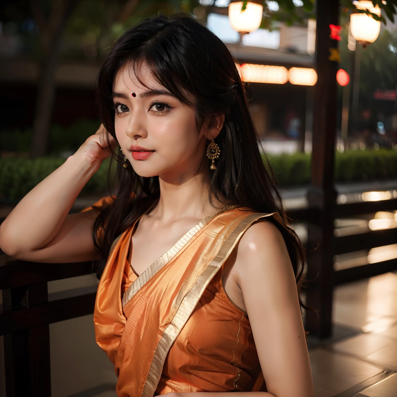 (((desi girl))), chubby face, natural skin, wearing hot deep neck top and dupatta, charming black hair, ((hair ends are blonde)), city streets background, bokeh