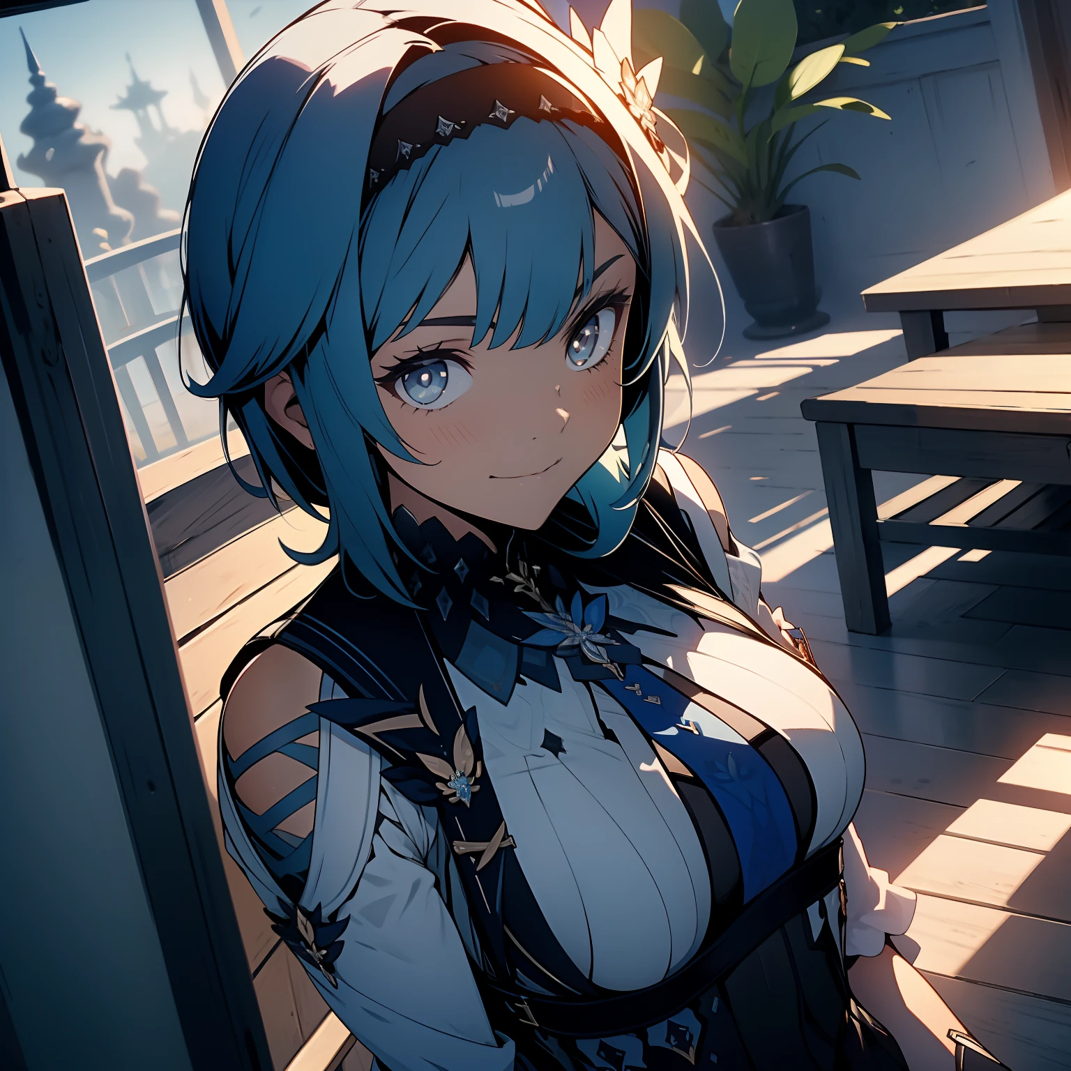 (antecedentes extremamente detalhados) (melhor qualidade), (mais alta qualidade), (obra-prima) , (ultra-detalhado) , Eula Lawrence, peitos enormes, Your MILF skin is oily, olhar sedutor, sorriso sedutor, blush, blue skies, cabelo longo, sentada numa cadeira, olhos castanhos olhando para o espectador,4k , 8k ,