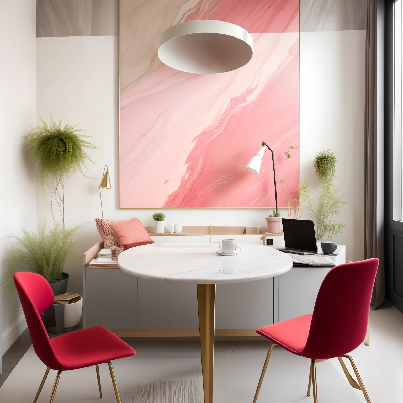 Imagine a workspace with neutral pinks and sophisticated colors, boiserie-style back wall, marble-print table, red chair, clean lines and tidy storage, providing a sense of elegance and focus for everyday tasks. Swap the plants for roses.