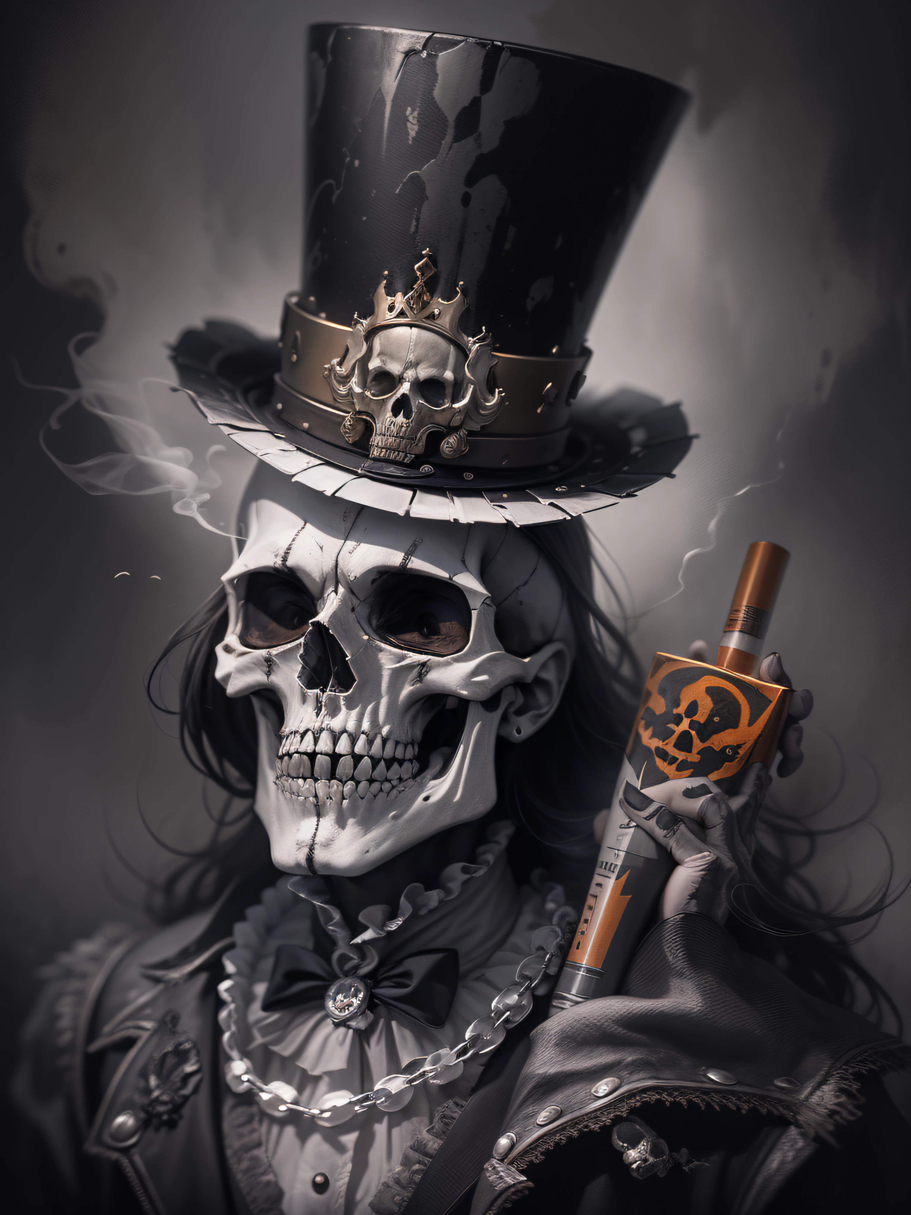 a skull with a hat and a cigarette in its mouth, digital art by Tom Wänerstrand, trend in cg society, gothic art, um esqueleto fumando um charuto, esqueletos fumando charutos, O Rei da Morte, with a crown of skulls, olhar, 8 k altamente detalhado ❤🔥 🔥 💀 🤖 🚀, portrait skull clown, skull clown, ((skull)), The painting is more elegant, Logo, Skull Image Vector, dice player, Dark-style image, Painted image in artistic style, Image with white background, Black and white tinted image, 16k, The painting is more elegant