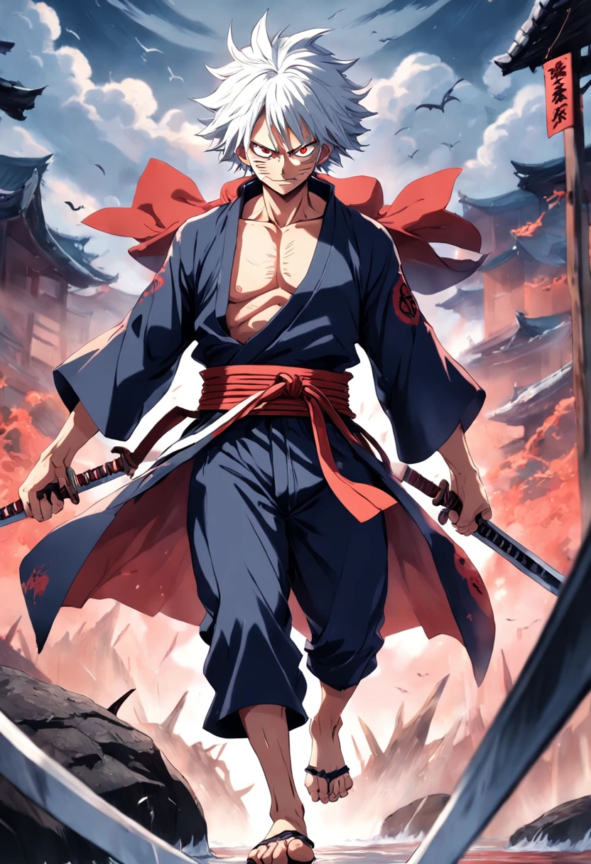 um homem alto se estatura adulta, medium white colored hair, olhos vermelhos que mostre todas suas cicatrizes de batalhas, holding three black swords, com roupas de samurai mostrando sua barriga trincada por conta de treinos intensos, with teeth as sharp as a shark's, with various scars on his body, obra-prima, melhor qualidade, 2D, arte anime One Piece, anime 4k, contorno perfeito.