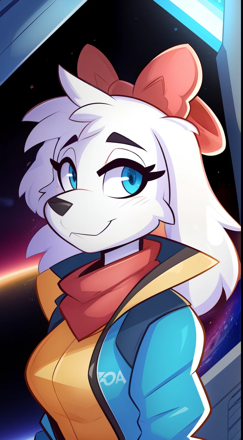 fayspaniel, furry female anthro, portrait, close-up, red bow, aqua jumpsuit, cropped jacket, grey jacket, red scarf, belt, solo, (body fur:1.2), (best quality), (detailed space jet background:1.2), dramatic lighting, (detailed fluffy fur:1.1), looking at viewer,  medium breasts,  white ears, ((by Kilinah, by Coffeesoda, by Hioshiru, by Kilinah)), full body