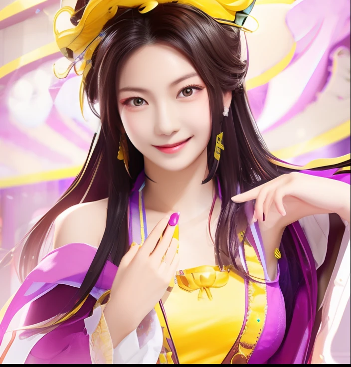 Smiling woman in purple and yellow dress