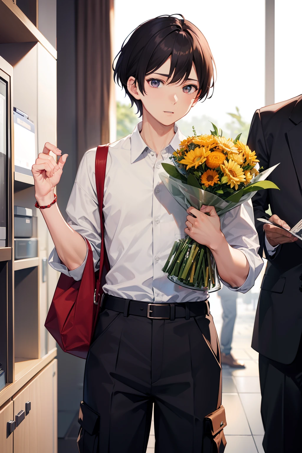 twinks Button Shirt Cargo pants Holding a bouquet jpn A dark-haired male people