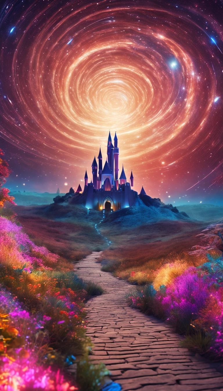 Endless winding trajectory, illuminated by spiral galaxies of stars, bright colours, Fairytale castle in the distance, Mystic, Arcana, enchanted, Three-point perspective