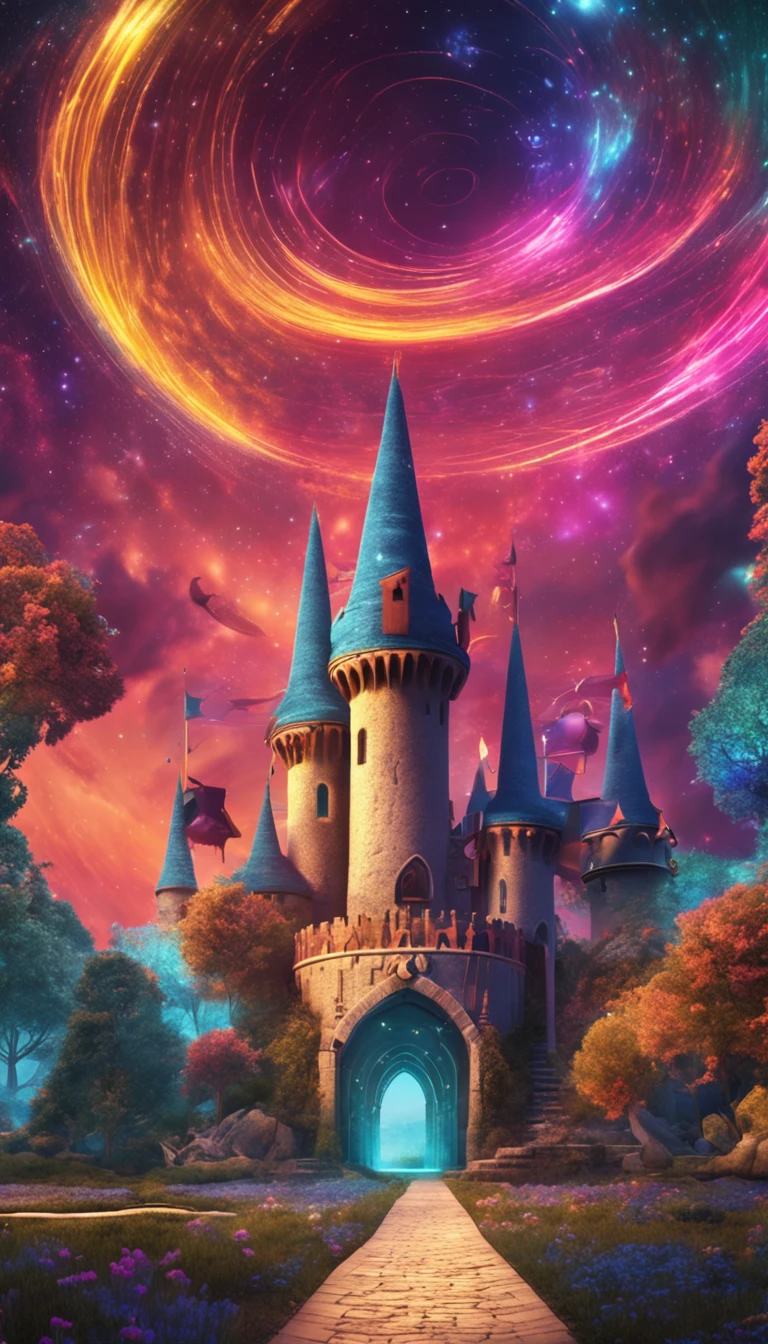 Endless winding trajectory, illuminated by spiral galaxies of stars, bright colours, Fairytale castle in the distance, Mystic, Arcana, enchanted, Three-point perspective