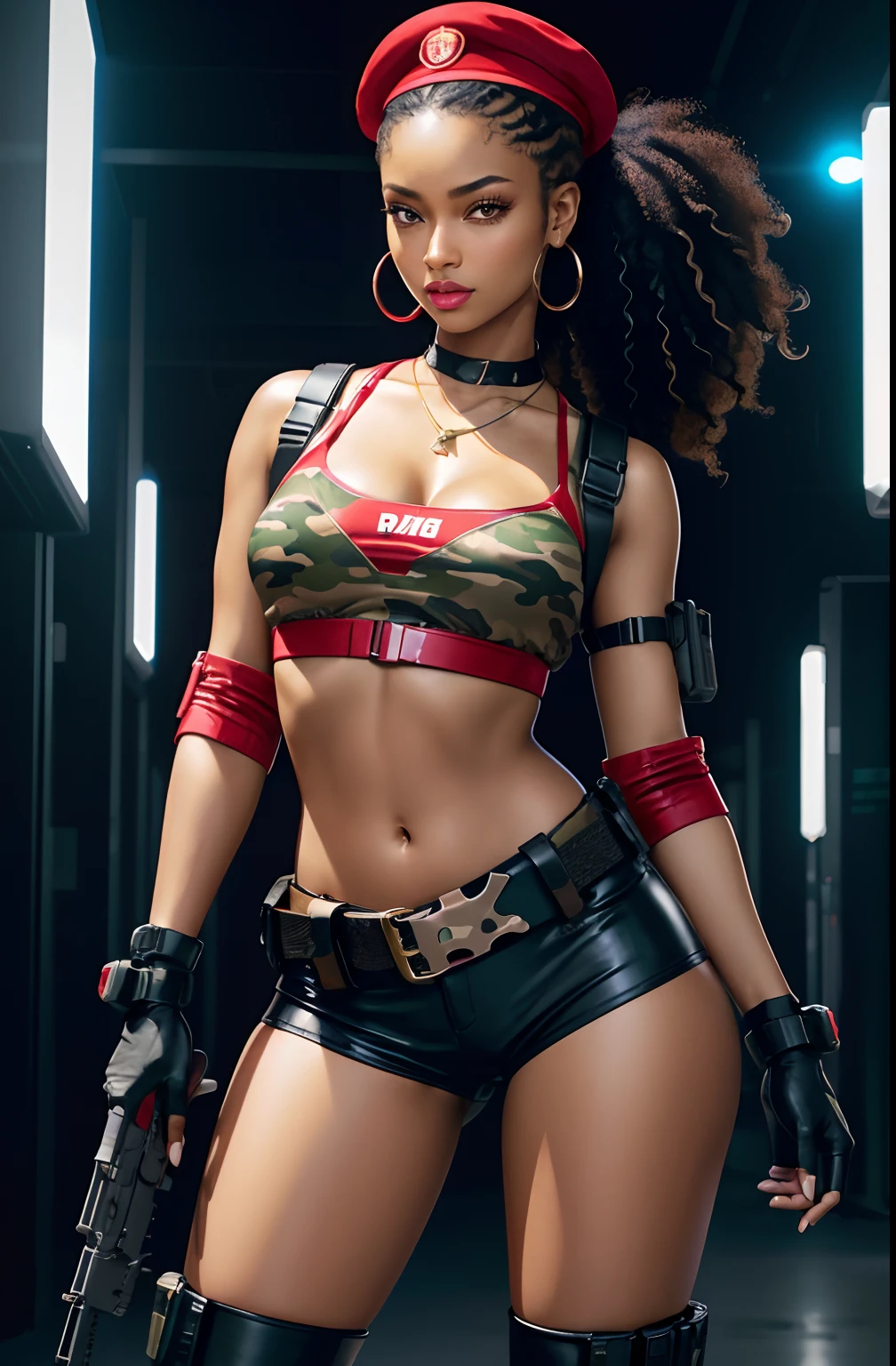 cartoon style digital art, beautiful black woman, Esyonce model face, brown skin bonbon, slanted Asian eyes, curly hair tied back, ponytail hairstyle, wearing red police beret, red military beret, wearing large hoop earrings, necklace with military ID hanging around neck, full breasts, short red shirt (showing stomach and navel), slim waist, multi-compartment tactical belt, short shorts with camouflage print, thick thighs and calves, pistol holster attached to thigh, big butt, wearing gloves Leather, Tactical high-heeled long-legged boots, wielding technology warfare weapon, Cyberpunk style cut clothes, conceptart cyberpunk style setting, Technology environment, science fiction, beautiful breasts, Blue neon light environment