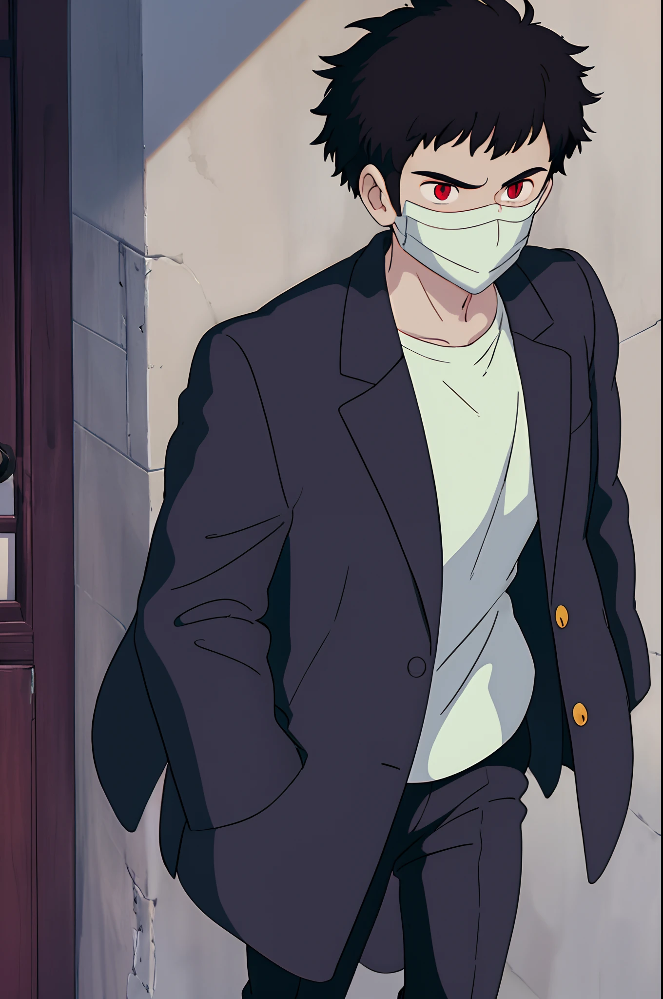 ghibli style, 1boy wearing a black jacket over a white shirt , black ClothMask , black hair , pushed back haircut , red eyes , in the City , black gloves , black pants , black jacket over a white t-shirt , black mask in his mouth , spiked and pushed back haircut
, ((masterpiece))