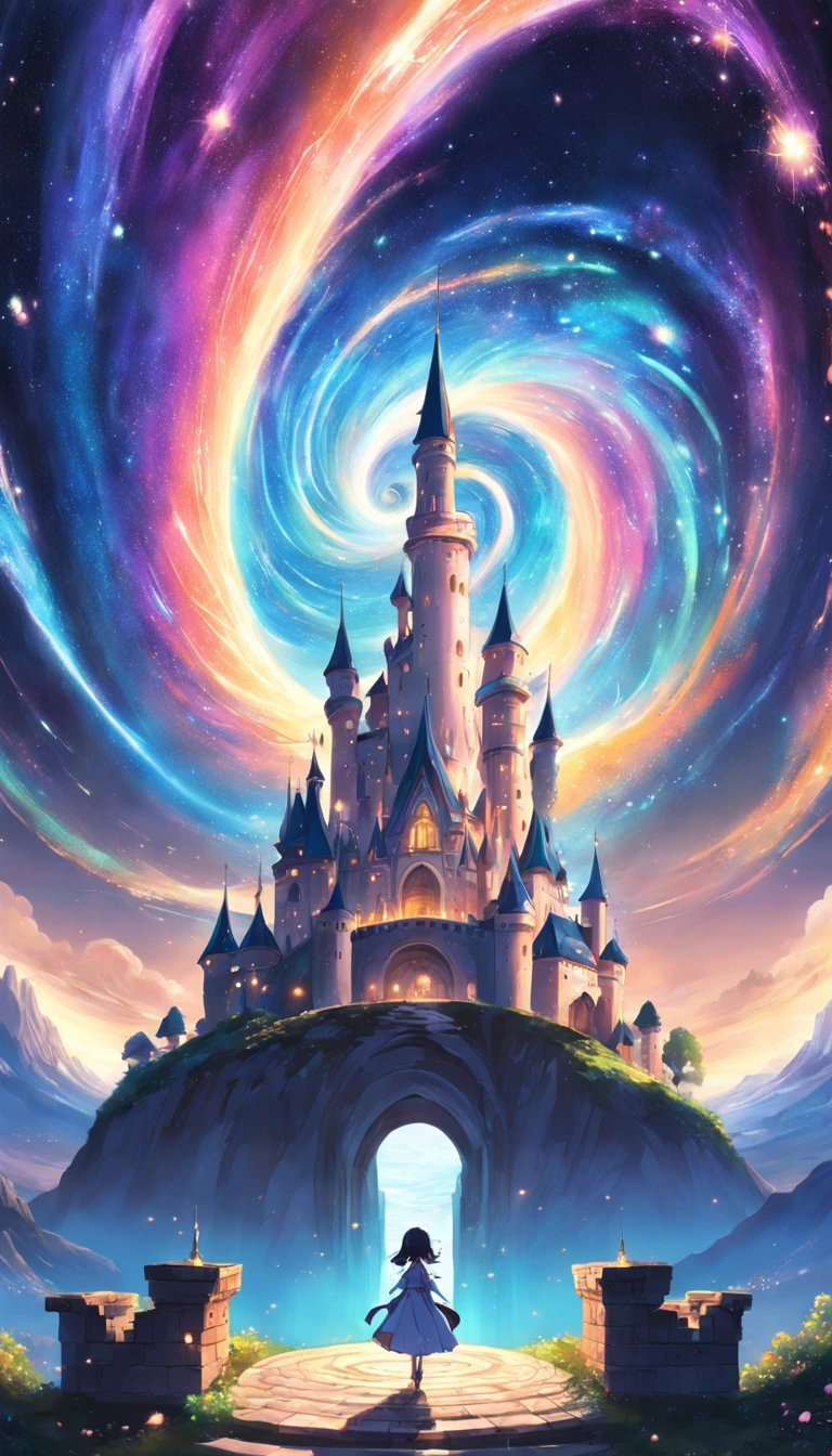Endless winding trajectory, illuminated by spiral galaxies of stars, bright colours, Fairytale castle in the distance, Mystic, Arcana, enchanted, Three-point perspective