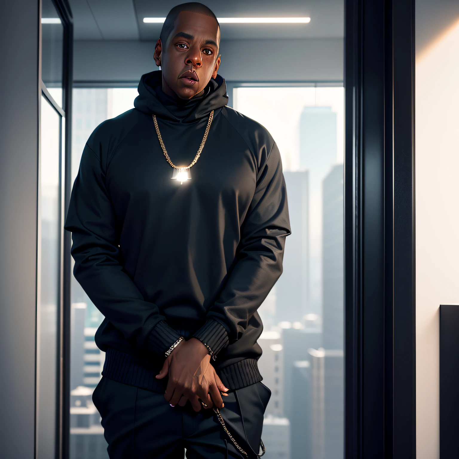 detailed and realistic close portrait of (((Jay Z))) confidently standing in a sleek urban business environment, looking_at_viewer, wearing a black sweater, turtleneck, shot outside, soft natural lighting, portrait photography, magical photography, dramatic lighting, photo realism, ultra-detailed, intimate portrait composition