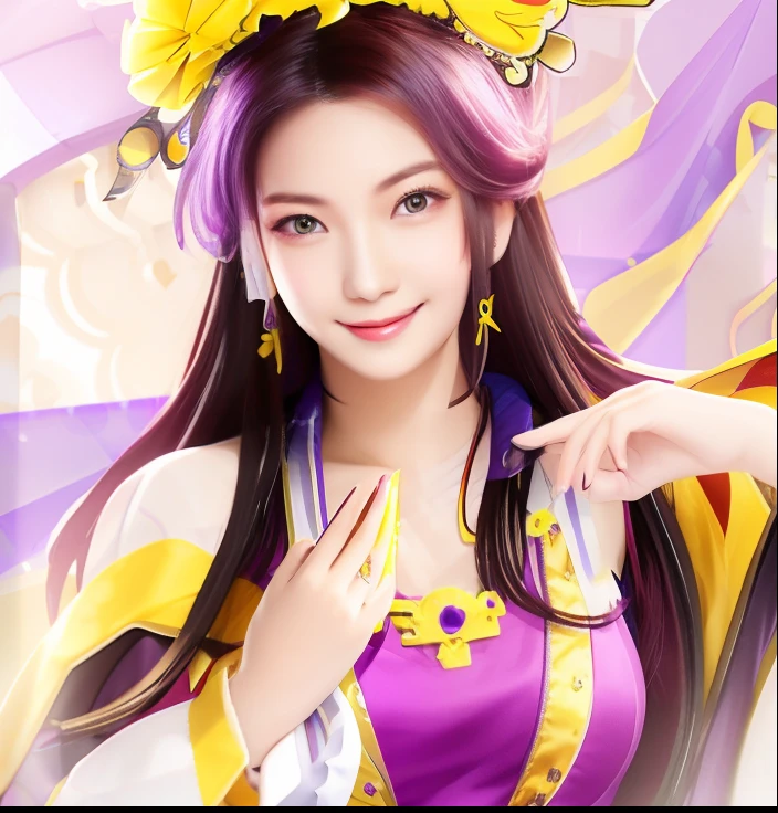 Smiling woman in purple and yellow dress