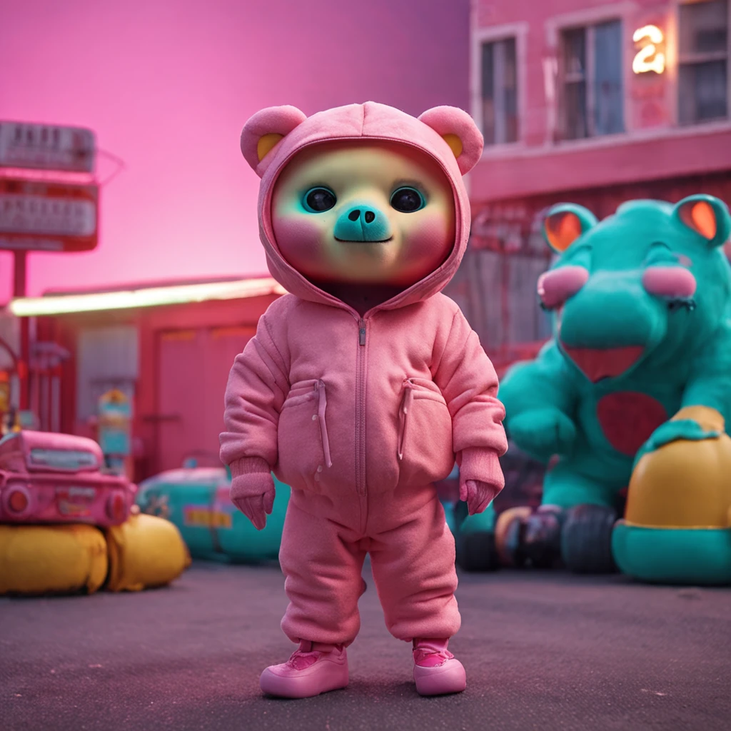 full body shot 8K picture, little  toddler  wearing a big  oversized cute full head  big pastelle pink  cartoon bearcub-mask masquerade with a turqois yellow pink tracksuit on,big belly, fat, in post-apocalyptic rural korea, at an out-of-service gasstation, foggy, smog, dusk, toy tractor, toys, farm equipment,,