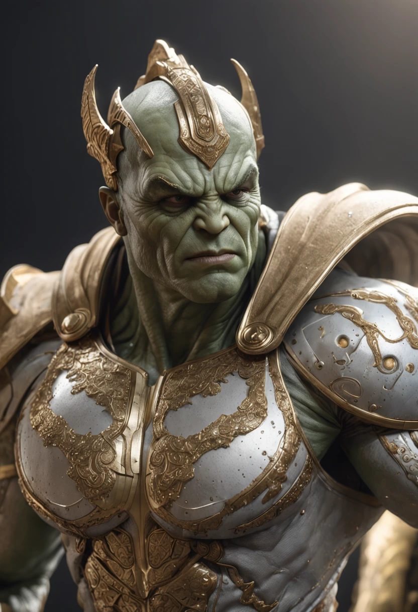 full body shot of hulk in white and gold armour style suit, no mask on, white cape, looking at center camera, perfect composition, beautiful detailed intricate insanely detailed octane render trending on artstation, 8 k artistic photography, photorealistic concept art, soft natural volumetric cinematic perfect light, chiaroscuro, award - winning photograph, masterpiece, oil on canvas, raphael, caravaggio, greg rutkowski, beeple, beksinski, giger, trending on artstation, sharp focus, studio photo, intricate details, highly detailed, night city background, by greg rutkowski