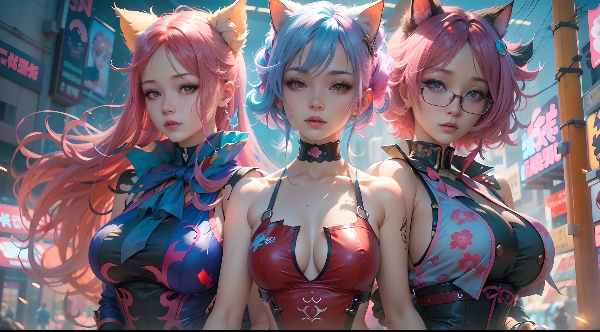 anime - style image of two women with pink and blue hair dressed in red and blue corset, posing in Akihabara for a foto shooting, Captured from worm's eye view, 4 meters distance to viewer, wlop and sakimichan, attractive cat girl, artwork in the style of guweiz, fantasy art style, 2. 5 d cgi anime fantasy artwork, fanart best artstation, by Yang J, trending on cgstation, wlop and ross tran, guweiz