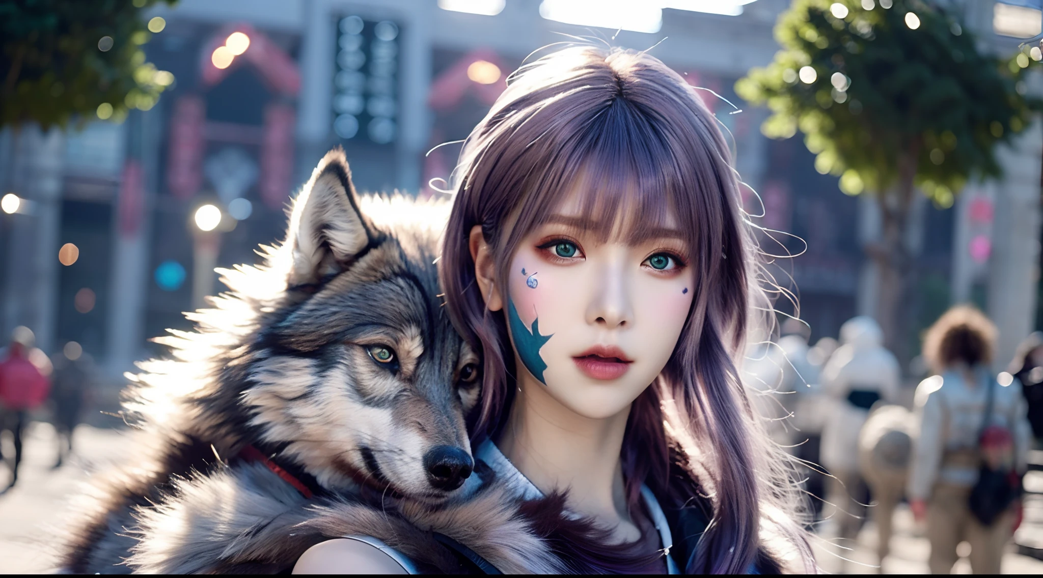 Close-up of a woman and a wolf, Purple hair, Hairline, facepaint, anime big breast, Motion blur, Polar opposites, cut-in, Lens flare, Textured skin, retinas, Best quality，A high resolution，1080p，Ultra HD drawings