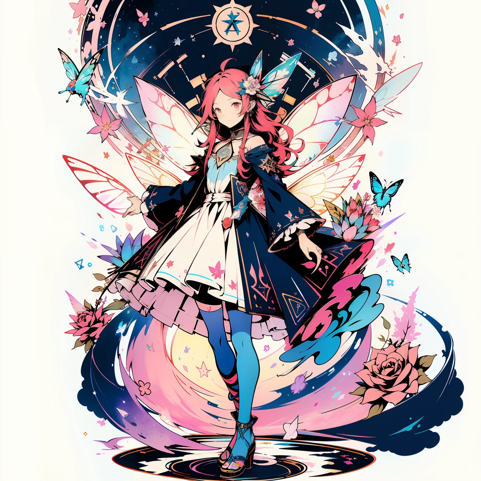 (Golden Ratio:1.2),(rose graffiti:1.2),(fault color:1.3),[(white background:1.4)::10], (full body:1.2),(ultra-detailed:1.3),(tarot:1.6),(the magician (tarot):1.6),

(paper:1.2),(fairy:1.6),(fairy wings:1.2),full body, standing in the air,(cool:1.2),(red long hair),(butterfly hair ornaments),(flower hair ornaments:1.0),((sandal,Locket)),(colorful cocktail long dress:1.0)+(Loose sleeves coat :1.3)+(floting colorful tassel and ribbon :1.2),(White stockings:1.2),

(colorful ink paper flower grow on the face:1.2),(colorful flower sea:1.3),

(chaotic geometric images:1.3),(nagative space:0.8),(drawing board:1.3),

(ether colorful ink flowing:1.3)