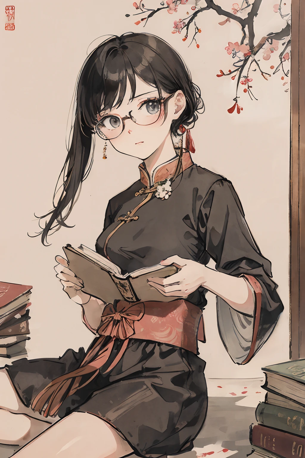 A caricature of a girl with glasses,holding a book in his hands, author:Qu Leilei, author:Li Fangying, Inspired by Ma Yuanyu, author:Xia Gui, author:Mei Qing, author:Xu Xi, Is ((drinking a cup of tea)), author:Xia Chang, mapo tofu cartoon, author:Zhou Fang, Middle Metaverse, author:Ni Tian