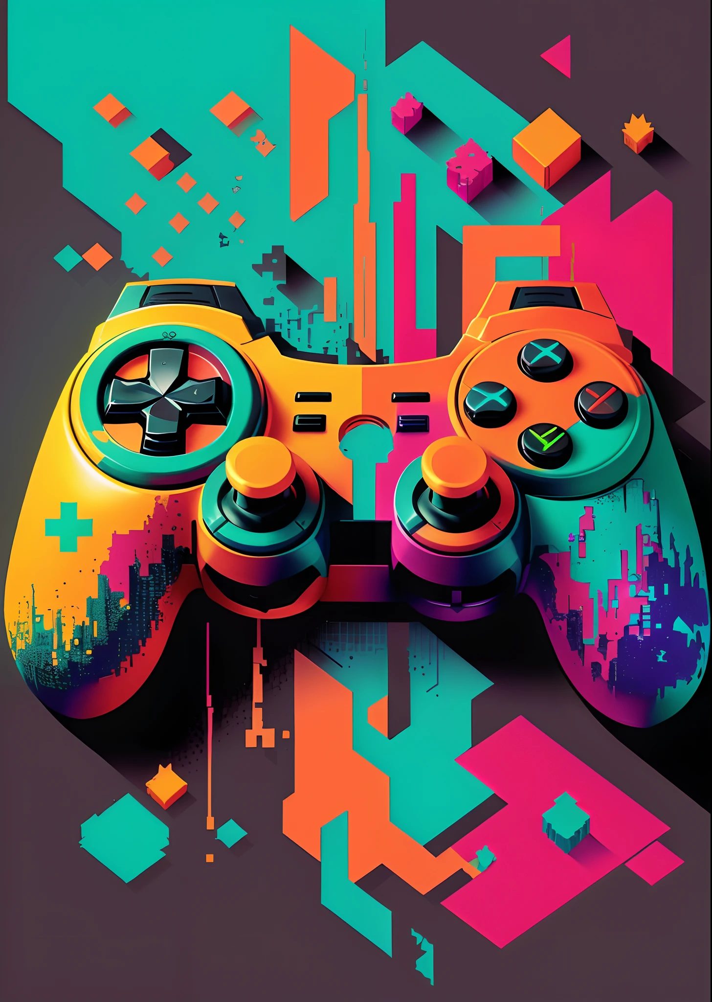 Close-up do controle de videogame com respingos de tinta colorida, arte digital de videogame, arte de jogos de computador, arte de videogame, Video game style, cartaz do jogo, gamer aesthetic, Tema gamer, Cartaz de videogame, controle de videogame, arte conceitual colorida, fanart de videogame, Video game style, arte digital #OneShotGame, 2 D arte de videogame digital, Inspirado em videogame