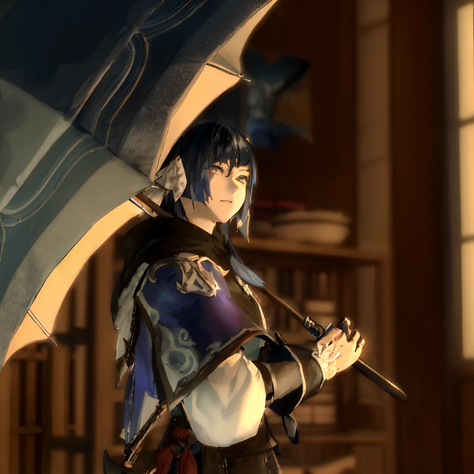 anime character holding a blue umbrella in a room, masamune shiro, black - haired mage, beautiful screenshot, masamune, inspired by Nishikawa Sukenobu, final fantasy 1 4 screenshot, holding a sword on her shoulder, pc screenshot, final fantasy 14 style, ffxiv, video game screenshot>, shirow masamune, ff14 aura