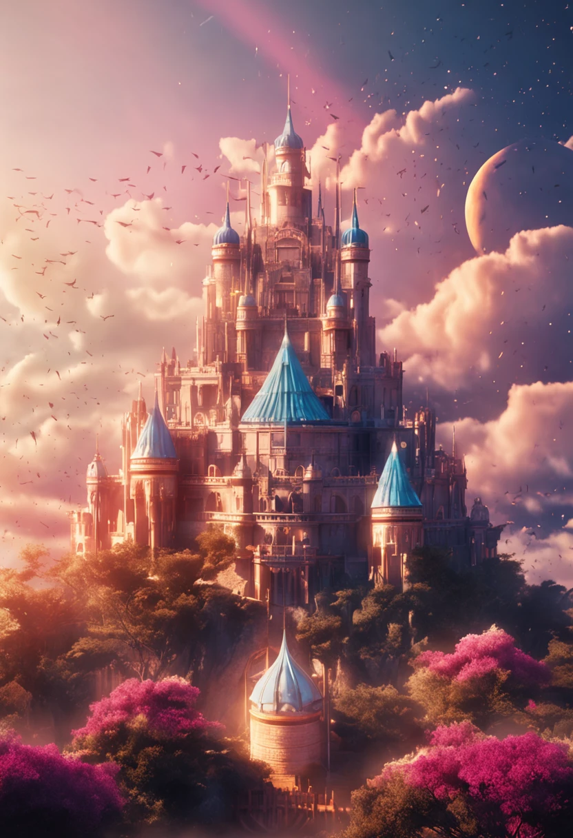 Abstract Kingdom of Heaven. Palace in the sky. Castle in the sky with solar rays