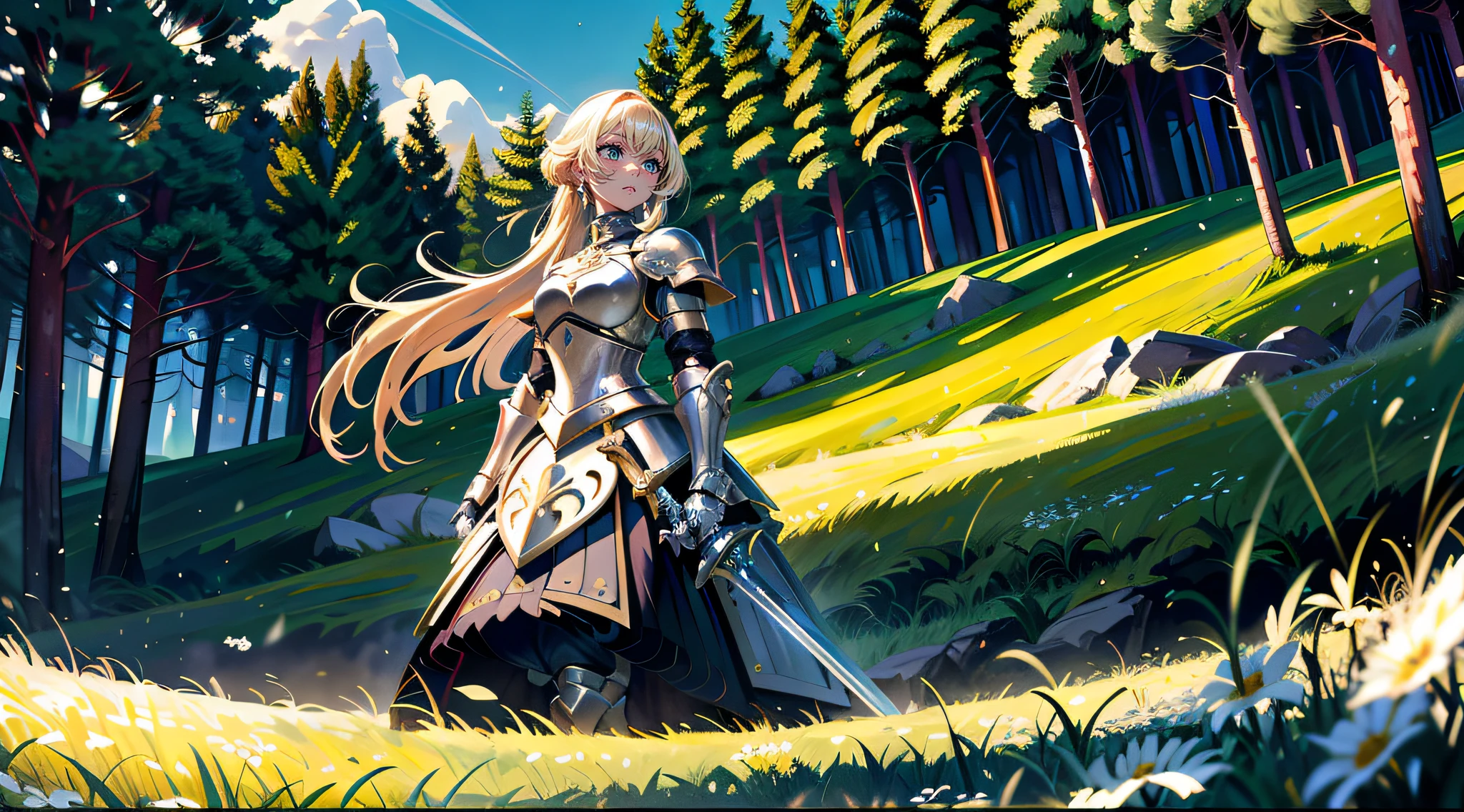 A beautiful and mighty blonde female knight is holding her sword and preparing herself for a great battle with her enemies It was surrounding her in a flat land of grass and trees in the background, sunny day, sunlight, wide-angle camera, panoramic view, high definition, ultra resolution, intricate details, volumetric light, dynamic composition, masterpiece