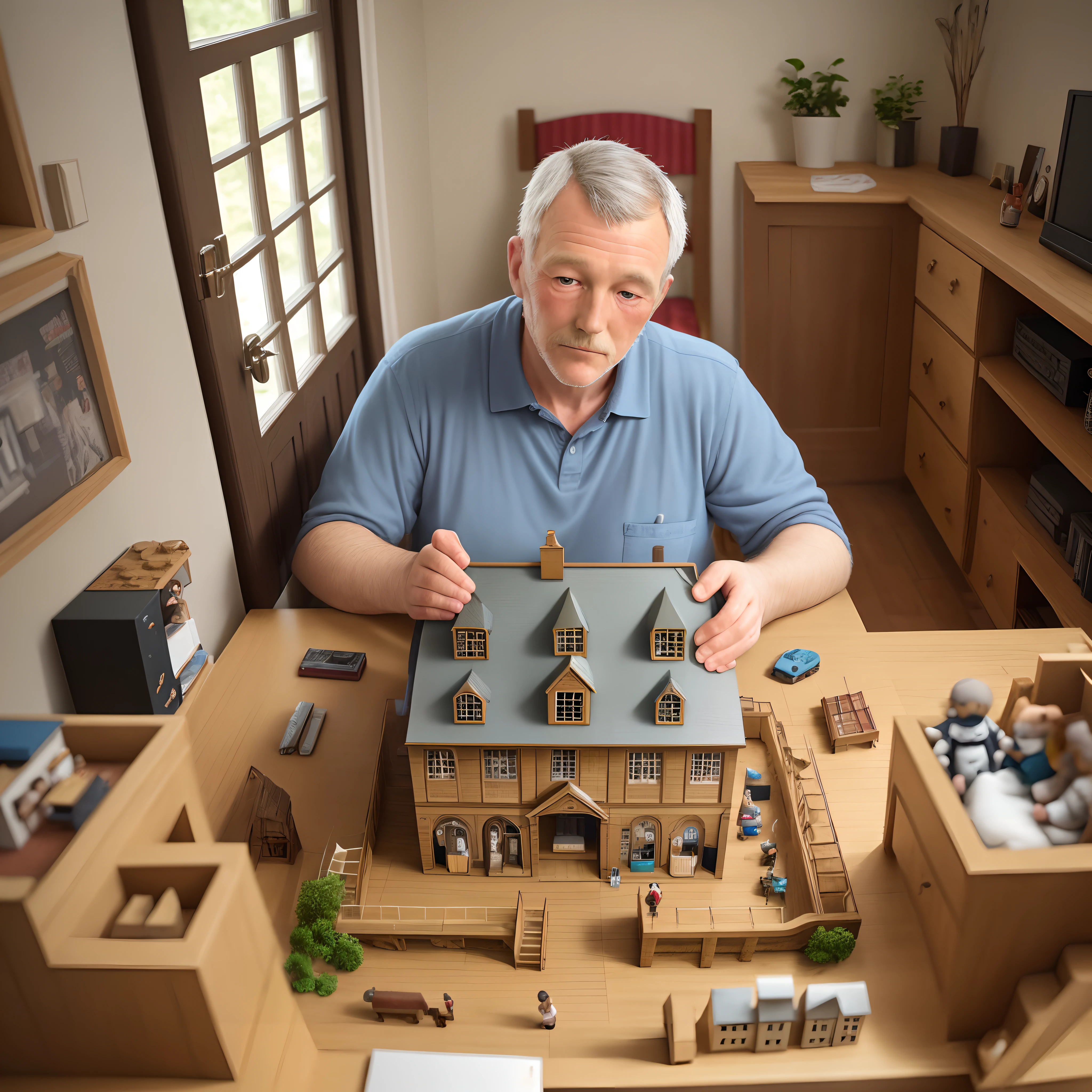 man making working dolls house