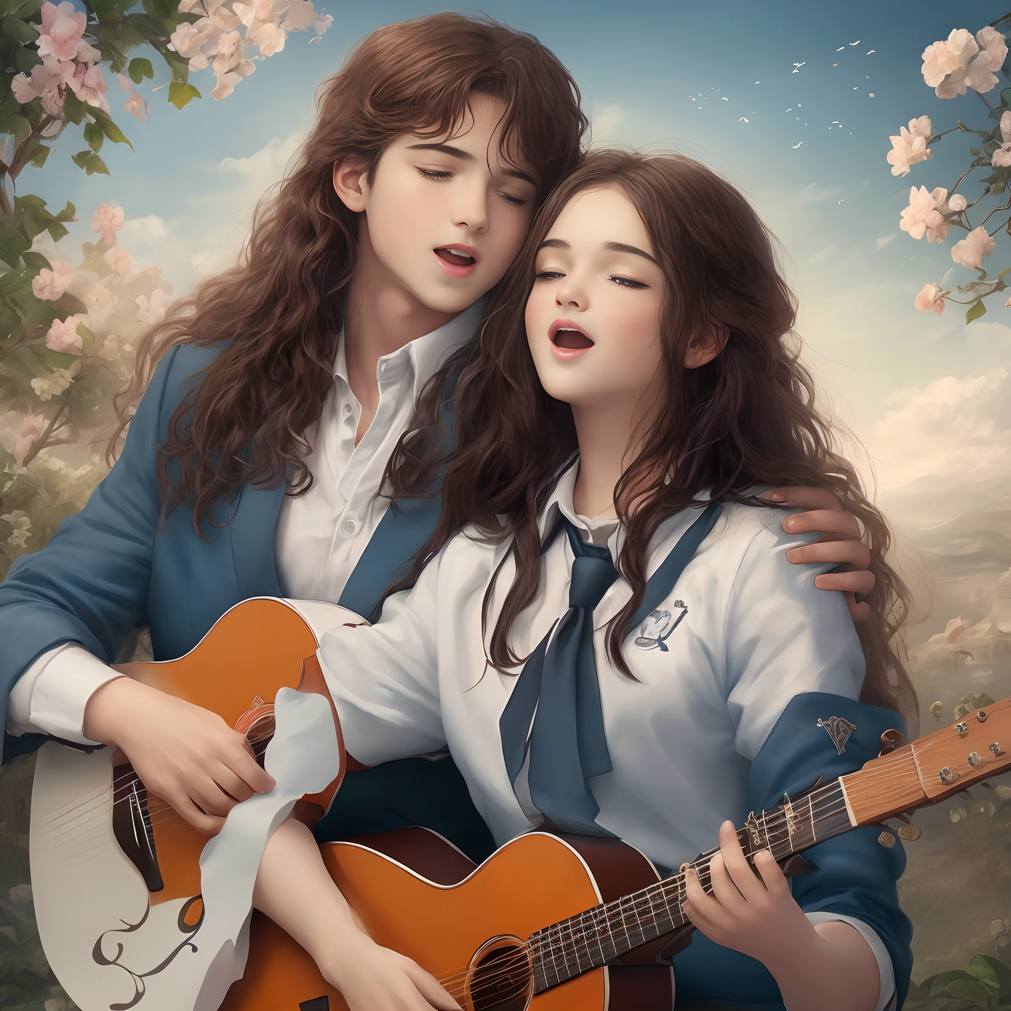 A dreamy depiction of a melodic singer serenading amid a cascade of enchanting musical notes, a couple in school uniform, teenagers