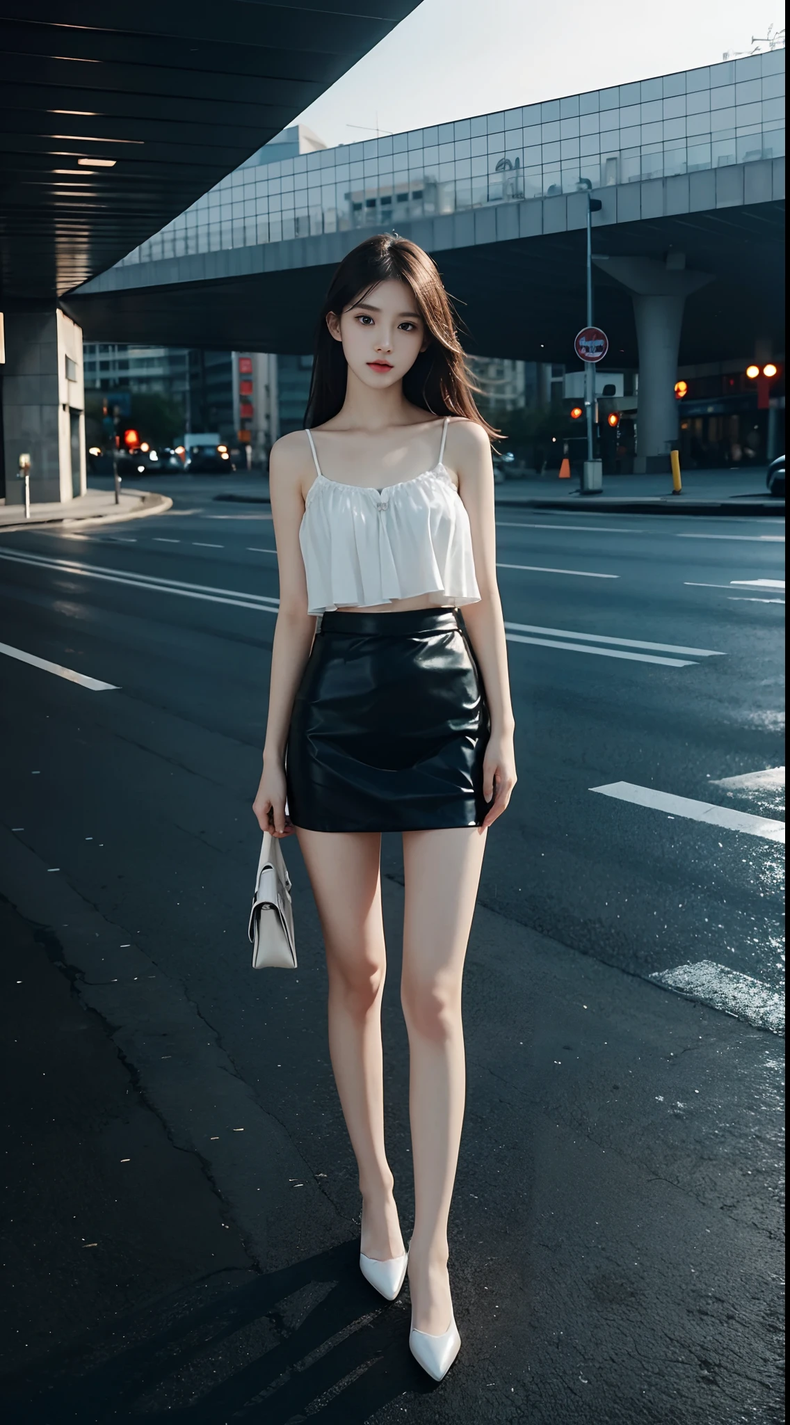 top Quority，Ultra-clear resolution，Clear  eyes，plain face，s the perfect face，White skin，Perfect chest，with perfect legs，Long legs，black short skirt，Random environment