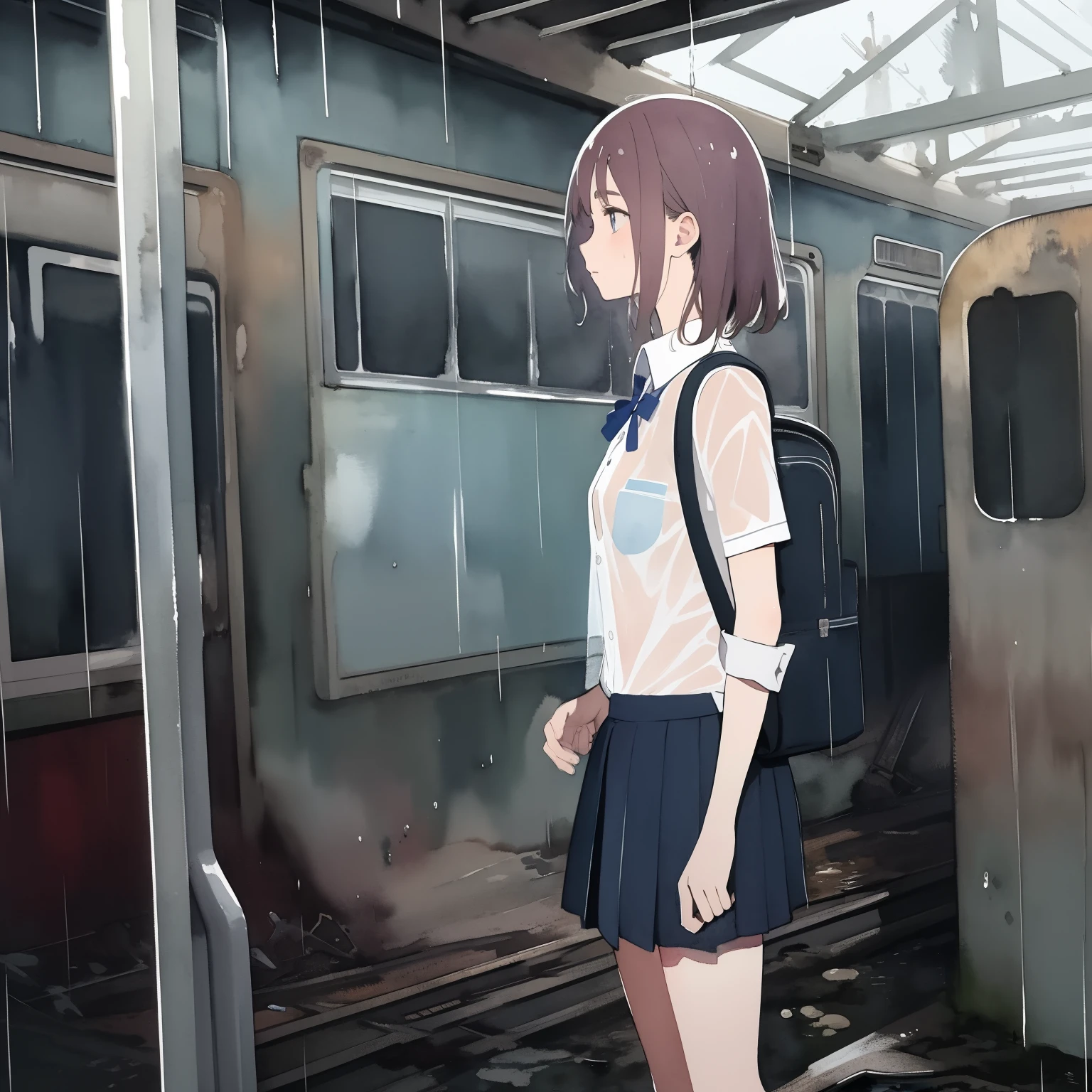 (masterpiece, best quality), 1girl, petite, wet hair, school uniform, wet shirt, transparent shirt, breast, closeup, standing inside abandoned train, backpack, rain, dark, best shadows, watercolor
