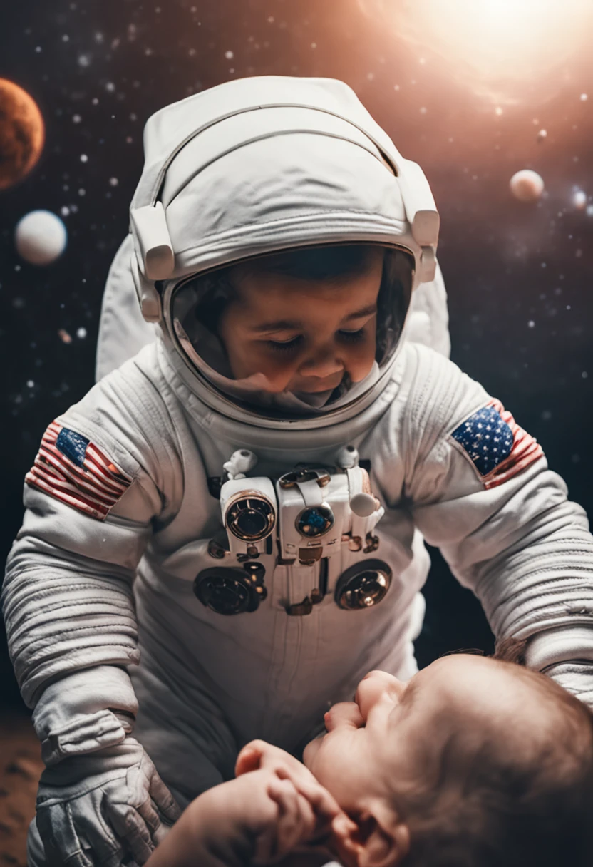 4k, Realistic, Muito Detalhe, there is a man holding a  in his lap, They're on the moon, They are astronauts, galaxy theme, roupas de astronauta, corpo inteiro. Pai e filho rescem nascido astronauta