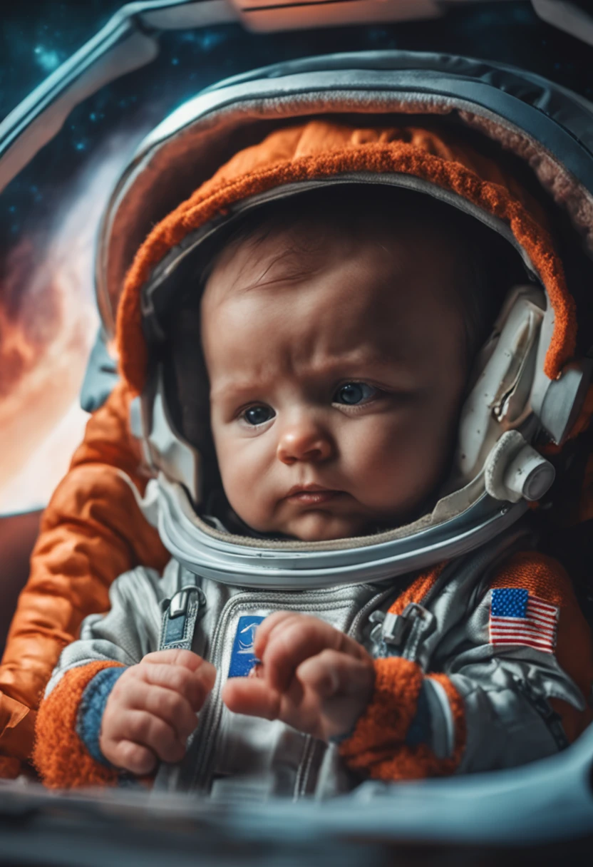 4k, Realistic, Muito Detalhe, there is a man holding a in his lap, They're on the moon, They are astronauts, galaxy theme, roupas de astronauta, corpo inteiro. Pai e filho rescem nascido astronauta