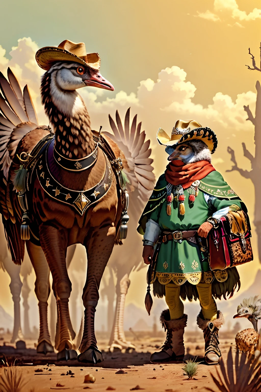 «»A fantastical portrayal of a strong and proud ostrich dressed in a cowboy hat. The ostrich should be depicted wearing a courier's bag, ready to run. The ostrich courier should be posed with a determined and confident stance. The background should be a savannah or rural village emphasizing the ostrich's role as a courier. The lighting should be bright and focused on the ostrich, highlighting its face and feathers. The camera shot should be a full-body shot, capturing the ostrich's defiant demeanor and the fine details of its hat. The resolution should be 8K or higher to showcase the majestic textures of the ostrich's face, feathers, and cowboy hat. The render style should aim for an oil painting or classical look, suitable for a grounded but epic book cover. Art inspirations can be drawn from depictions of tribal warriors and lizard folk. (((ostrich courier))), (((cowboy hat))), (((savannah))), (((bright lighting))), (((full-body shot))), (((8K resolution))), (((fantasy render style))).»