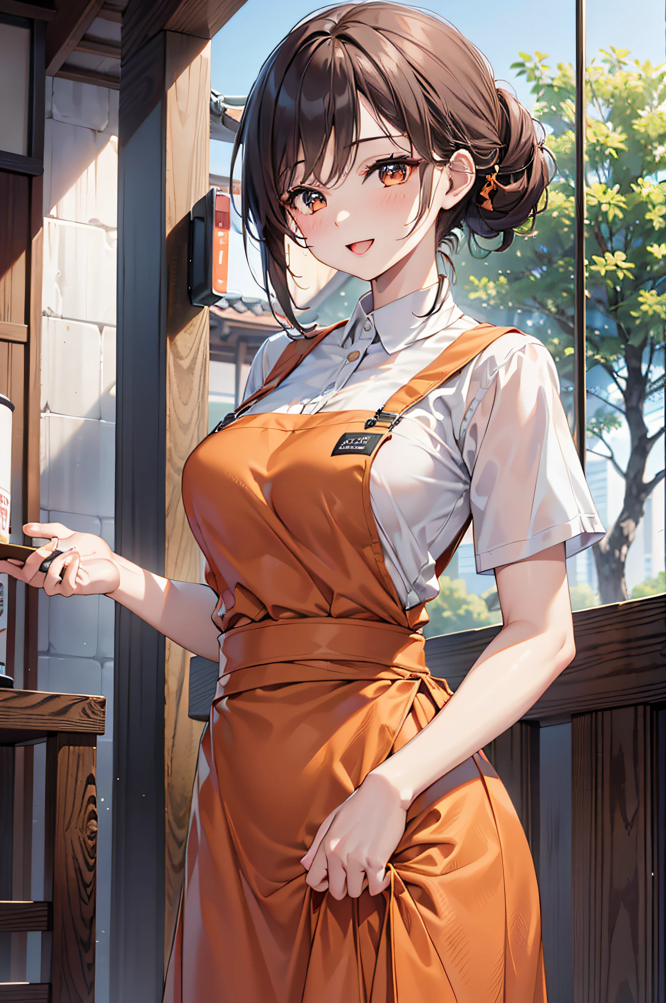 (Best quality, 8k, 32k, Masterpiece, UHD:1.2), (realistic:1.5), (masterpiece, Extremely detailed CG unity 8k wallpaper, best quality, highres:1.2), (ultra detailed, UHD:1.2), (cowboy shot:1.3), (anime, animestyle illustration:1.3),
BREAK,
(1girl:1.3, solo), (waitress:1.3), single Chignon hair style, mahogany hair, attractive look, (Korean actress face:1.3), (Japanese idol face:1.3), pretty face, cute,
BREAK,
(orange Family Restaurant Uniforms:1.2), (orange suspender skirt:1.4),(orange apron:1.2), (double-breasted,underbust:1.2), (orange high-waist skirt:1.3), (apron over orange skirt:1.3), (white shirt:1.2), button gap,short sleeves, nametag,
BREAK
at restaurant, indoor, cinematic light, cute, happy, seductive smile, :d, ;p, attractive emotion,
BREAK, best ratio four finger and one thumb, perfect anatomy, perfect proportion,