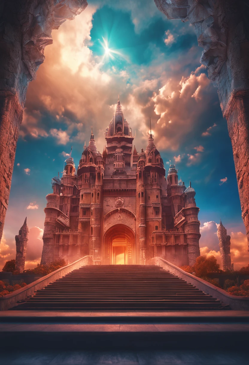 Sky realm. Palace in the sky. Castle In The Sky With Sun Rays And White Clouds