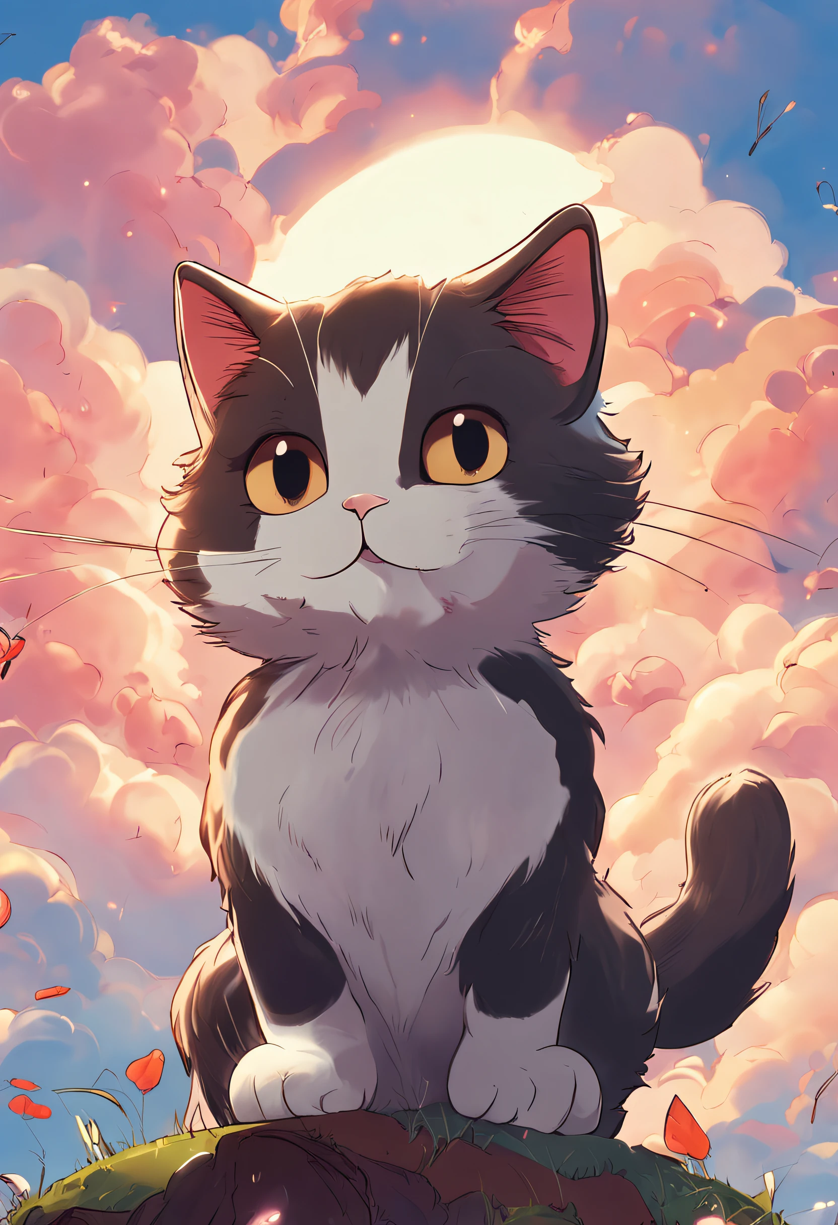 masterpiece, best quality, movie still, tuxedo cat, cute, cat cloud boy, floating in the sky, close-up, bright, happy, warm soft lighting, ghibli style, anime, illustration book, sunset, (sparks:0.7)