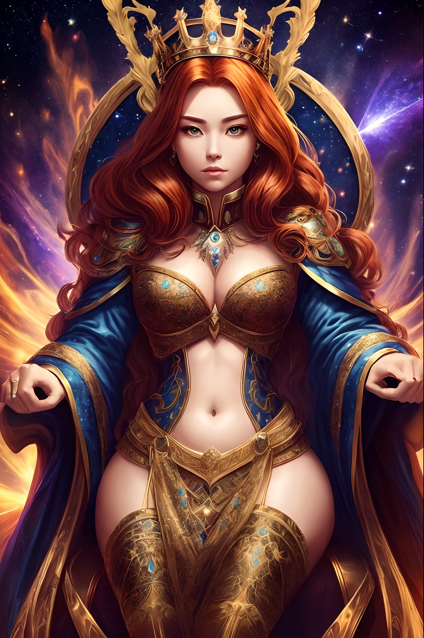 a Queen without face , thicc and calm, and fiery hair ,on a throne of a neutron star --auto --s2